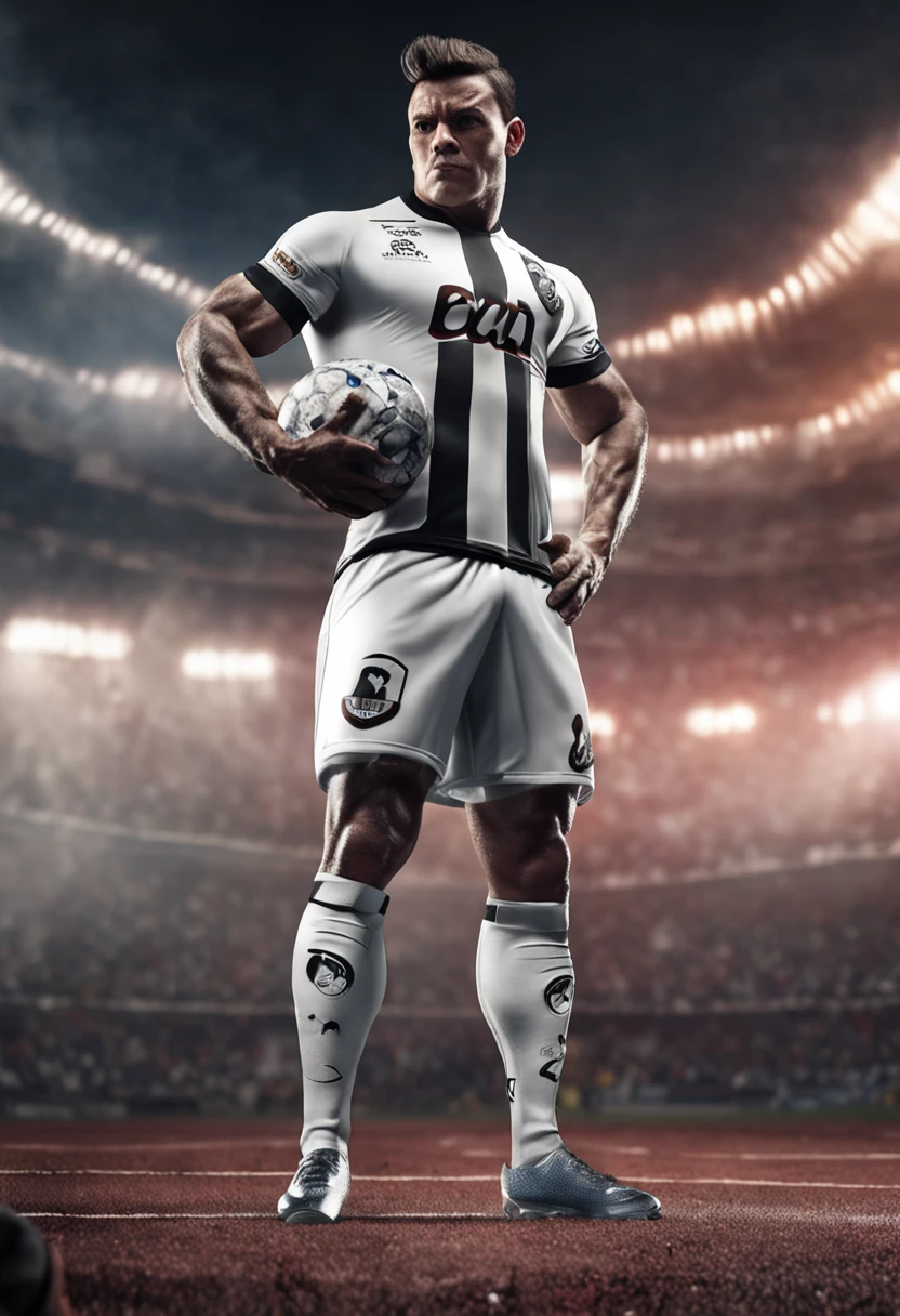 /imagine An anthropomorphic bodybuilder pig, soccer player, white and black Santos FC uniform, in the stadium, best quality, ultra realistic, detailed