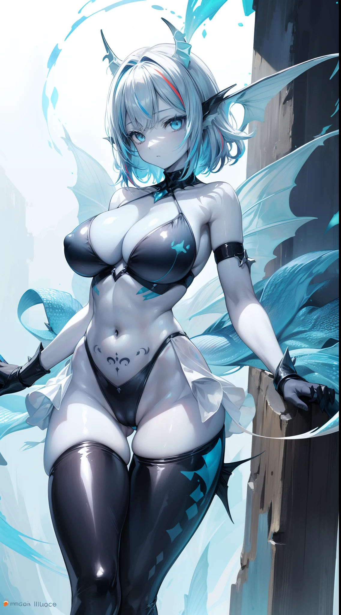 aqua {amphibia|fish|shark|reptile} girl, 1girl, perfect and well designed glowing shiny eyes, (beautiful detailed eyes:1.05), natural breasts, slim body, beautiful and delicate face, (face detail), ((realistic face)), pores, ((pale blue skin)), detailed skin, realistic skin, (((bioluminescence))), (((white-skinned))), ((shiny skin)), ((glowing speckles on skin)), (pointy ears), (fins:1.7), (spikes:1.5), (multicolored gradation skin), ((((blue scales body)))), human face, ((monster girl)), medium length hair, hair voluminous, (((((multicolored gradation hair))))), super high resolution, 8k, parameters Best quality, (masterpiece:1.4), (magic accessories:1.4), bracelets, extremely detailed thick tight nylon|lycra|latex|vynil beach outfit, (bikini:1.4), (microskirt:1.1), (standing nipples under cloth:1.15), (cameltoe:1.2), ornaments, (neckline:1.3), (cleavage), decolette, navel, Young Girl, Little Beast, (Smile:0.7), (pale Blue Skin:1.8), ((tattoos all over body, Tribal tattoos all over legs)), ultra detailed, photorealistic, ((Real image)), (best quality:1.4), super high resolution, (Realistic 2.0), More details, (((1girl))), (on beach), (sunlight, sun day:1.3), (beautiful and aesthetic:1.2), (fractal art:1.4), (cinematic light:1.1), DUTCH ANGLE, 16K, HDR, RTX, Ray Tracing, Radiosity, Anisotropic Filtering, Subsurface Scattering, (((magic lights))), metallic reflections, Detailed, Realistic, 4k highly detailed digital art, (cool_color), extremely detailed CG unity 8k wallpaper, vibrant colors, (((seductive pose)))