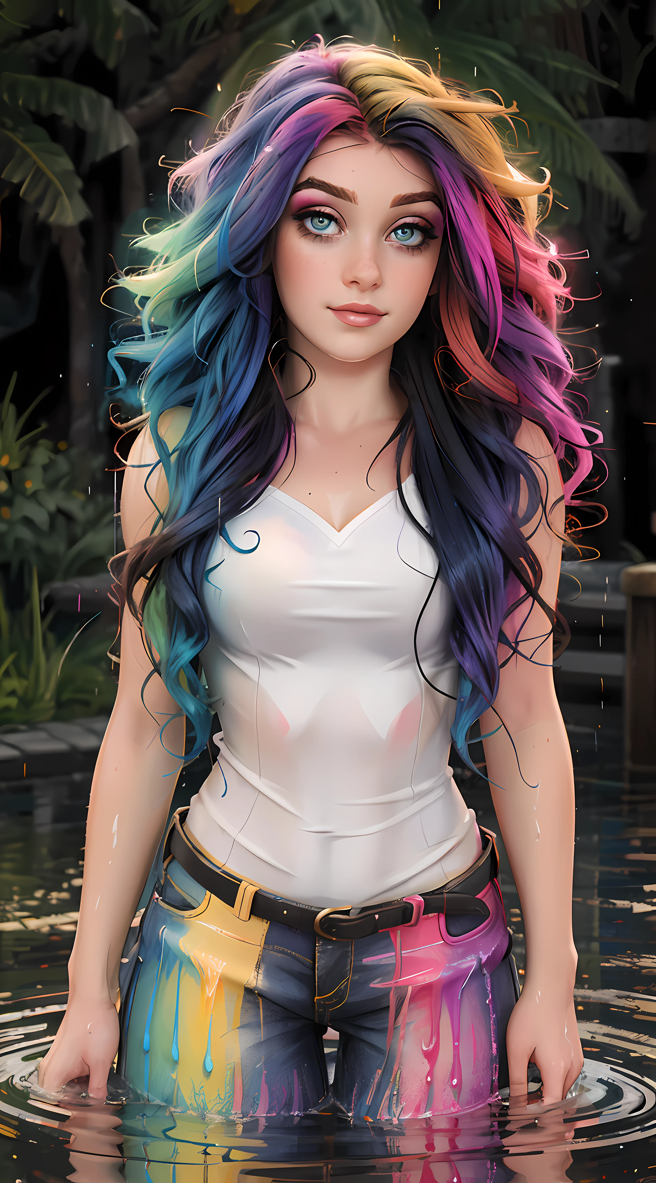 a woman with colorful hair standing in a stream of water, the curls are smeared with paint of different colors rainbow, a cute and beautiful young woman, hyper real photo, she is wearing a wet coat, beautiful young catgirl, dripping technique, discord pfp, 10 bit colour, neatly coming out of her head, spray, hdr, 8k