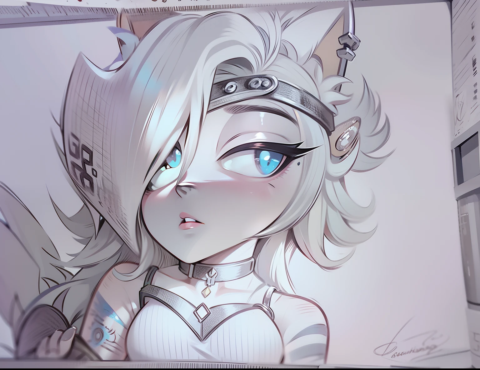 (Anthropomorphic wolf cute cub) orelhas de lobo,com um corce preta, um olho azul e outro branco , heterocromia nos olhos ,cabelo platinado curto cacheados com pontas roxas,bad girl, Moon birthmark on forehead 🌕🌙, Hibrido,jovem, retrato, busto, postura de frente para a camera, Cartoon, vestido como uma vesater roqueira metaleira dos anos 80 obra prima, postura de confiante, youtuber, fleshy lips , piercings no nariz e nas orelhas de lobo, tatuagens pelo corpo, tattoo de lua 🌙 acima dos seios,asas de anjo negro nas costas, e coleira , dark purple choker on neck, Hand with drag glove
