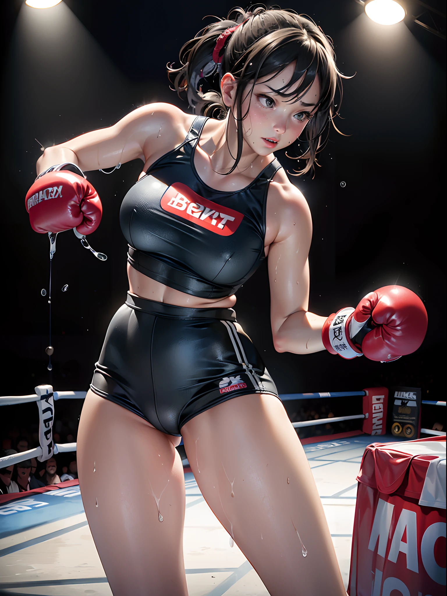 (8K, Raw photo, Best Quality, masutepiece:1.2), (Realistic, Photorealsitic:1.37),1 girl,Cute, (Solo),A detailed face, Dramatic Angle,
,boxing uniform,Look away,Sporty,straight punch,Wet skin,Sweat,Large breasts,Nice Legs,boxing venue ,