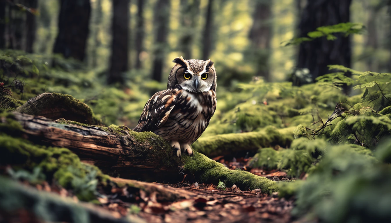 owl and fallen trees in the forest melhor qualidade, master part, ultrahigh-resolution, (fotografia realista:1.4), Surrealismo