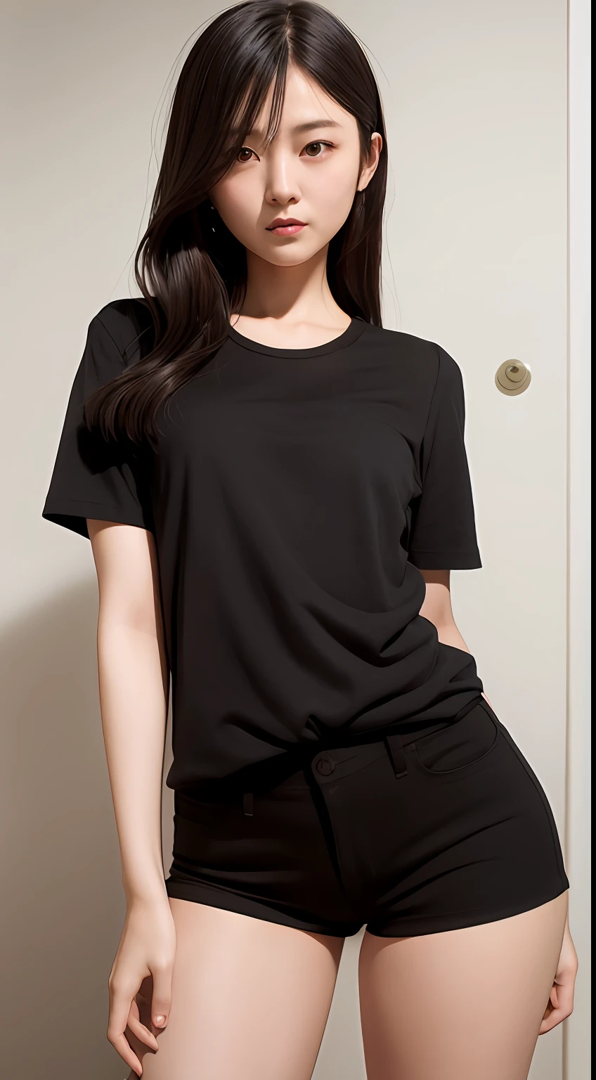 a close up of a woman wearing a black corte superior, com camiseta rasgada, corte superior, corte superior, inspirado em Wang E, wearing corte superior, cinza escuro, que, vestindo um top cortados, usando um top cropped sexy, imagem oficial do produto, camisa cinza, vestindo um top cortado, cintura fina, Inspirado por Wang Yi, nanquan