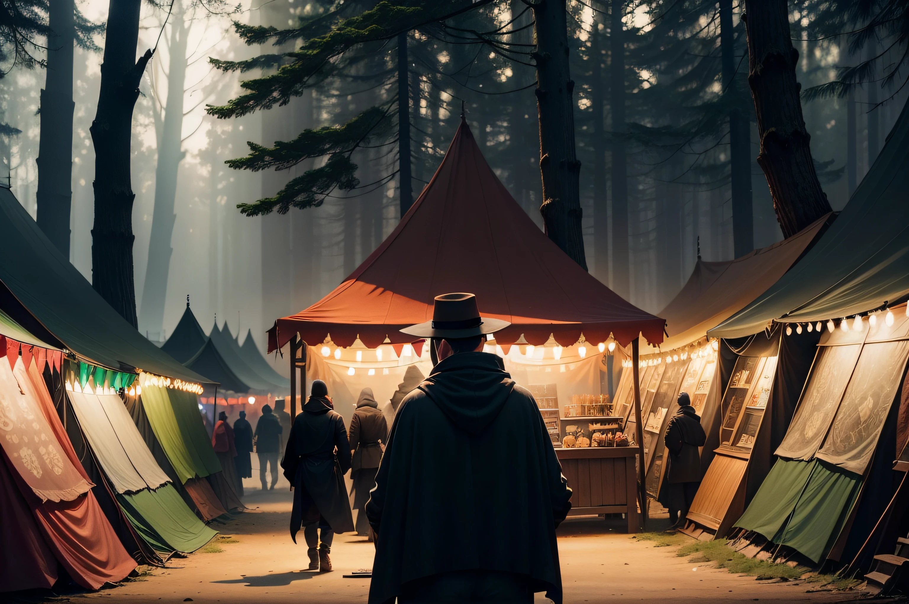 The Shadow Realm Market is a dark and mysterious place located in a hidden clearing in the forest. It is made up of several tents and huts, each with its own specialty. In the center of the market, there is a large fire that is always lit, where customers can negotiate with the most discreet vendors.