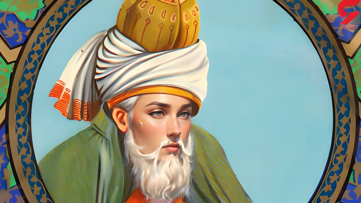 pintura de um homem com turbantete branco, no turbantete tem uma joia azul no centro, na fronte, has a halo behind the head, barba castanha, inspired by Kamāl ud-Dīn Behzād, Sufismo, inspirado em Abdur Rahman Chughtai, usando um turbantete, inspirado em Osman Hamdi Bey, turbante, inspirado em Sardar Sobha Singh, hiperrealismo, 8k, luzes sutis