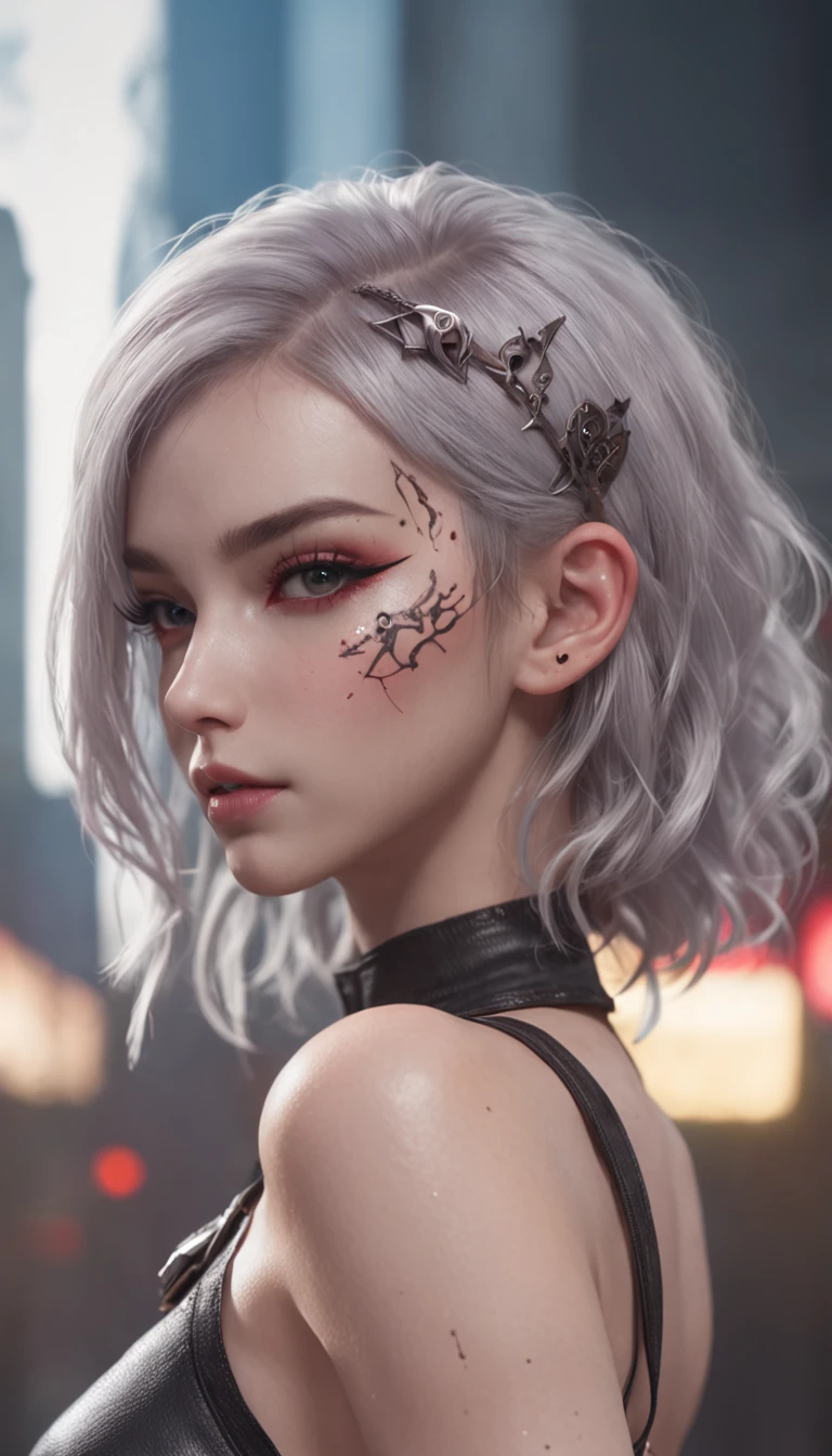 (((​masterpiece)))、(((top-quality)))、((ultra-definition))、(High Definition CG Illustration)、((extremely delicate and beautiful))、Cyber City、Cinematic Light、Girl with a sheared hairstyle、unconventional、Cyber Girl、2080s、animesque、girl with、facepaint、Face tattoos、trending on artstationh、Rachel Walker