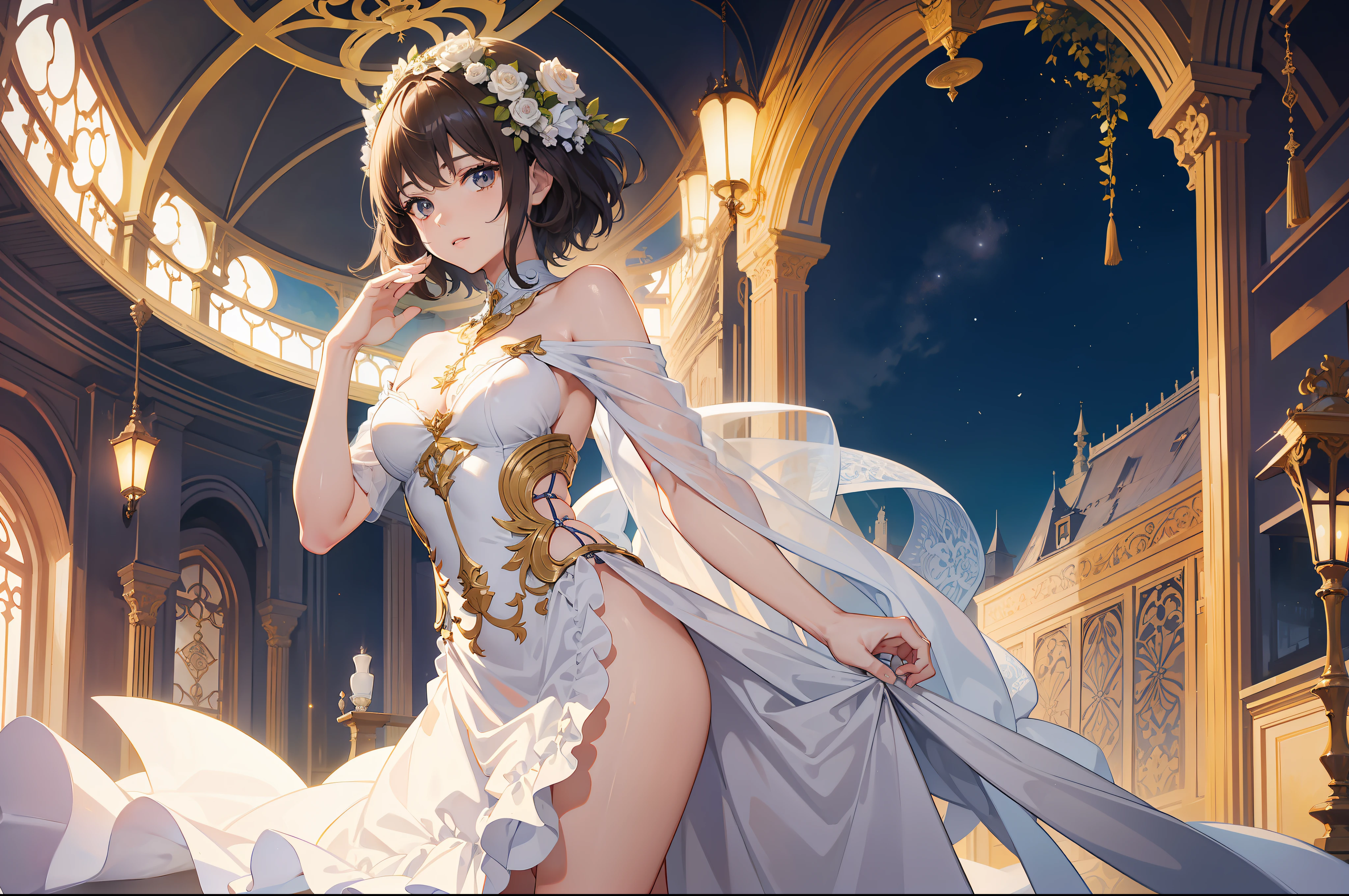 Official Art, Masterpiece European female, elvish, short hair, pale brown hair , brown eyes, (masterpiece、top-quality、hight resolution: 1.4),in 8K, Drawing of a woman with short pale brown hair, Anime Art Nouveau, highly detailed exquisite fanart, anime fantasy illustration, clean detailed anime art, detailed anime art, Sharp Focus, Delicate Beautiful Hair and Eyes and Face, realisitic, ultra-detailliert, flower garden, sunlight