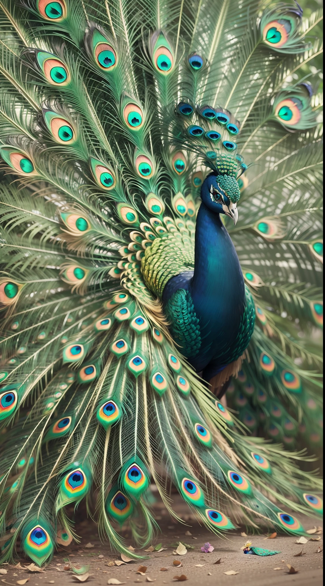 Generates the image of a peacock posing on its back