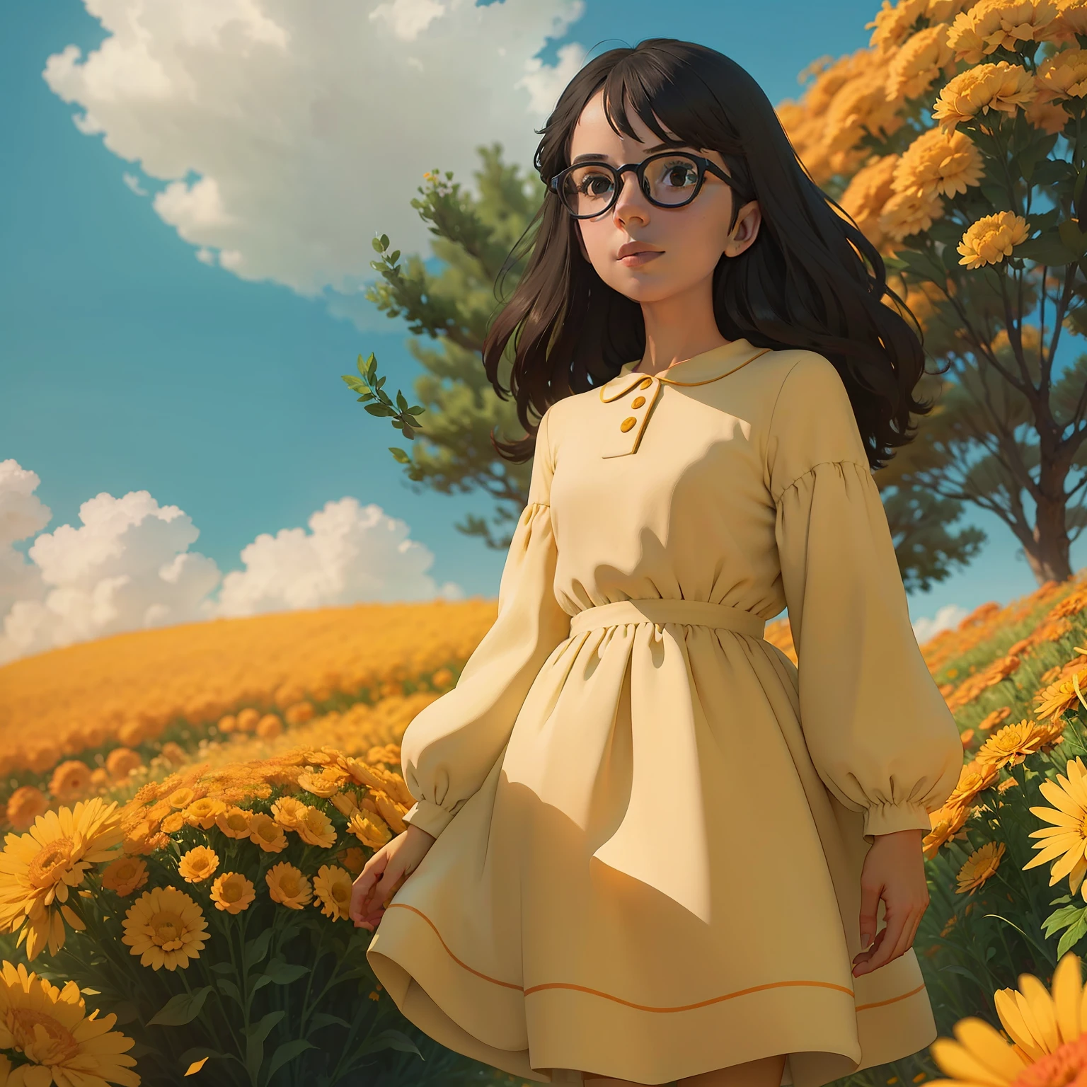 "Girl with round glasses looking into the distance in a sunny field of marigold flowers, luciendo un elegante vestido verde adornado con blanco y amarillo."