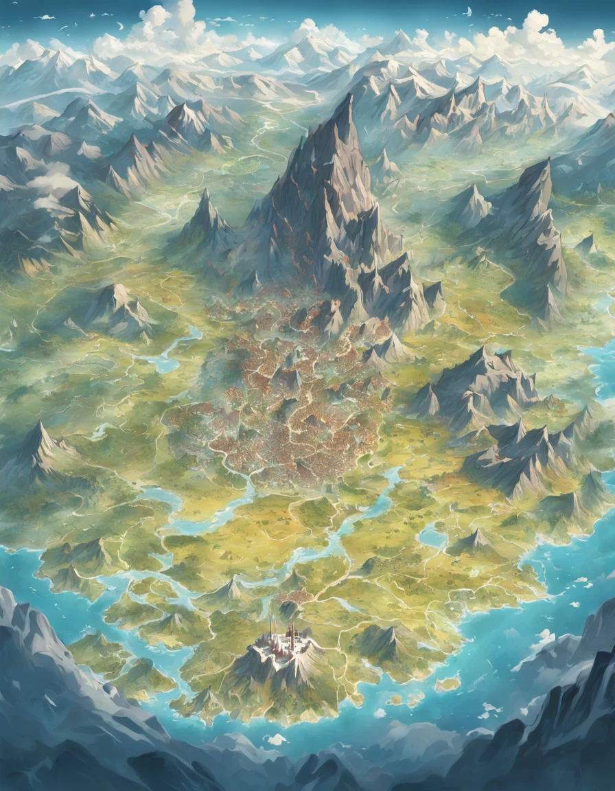 MAP, Map of a fantasy continent,seven regions, In the middle of the map magma, montains and hill,To the north is where the dwarves of the Land of Ice and Snow live, desert, To the east is the forest