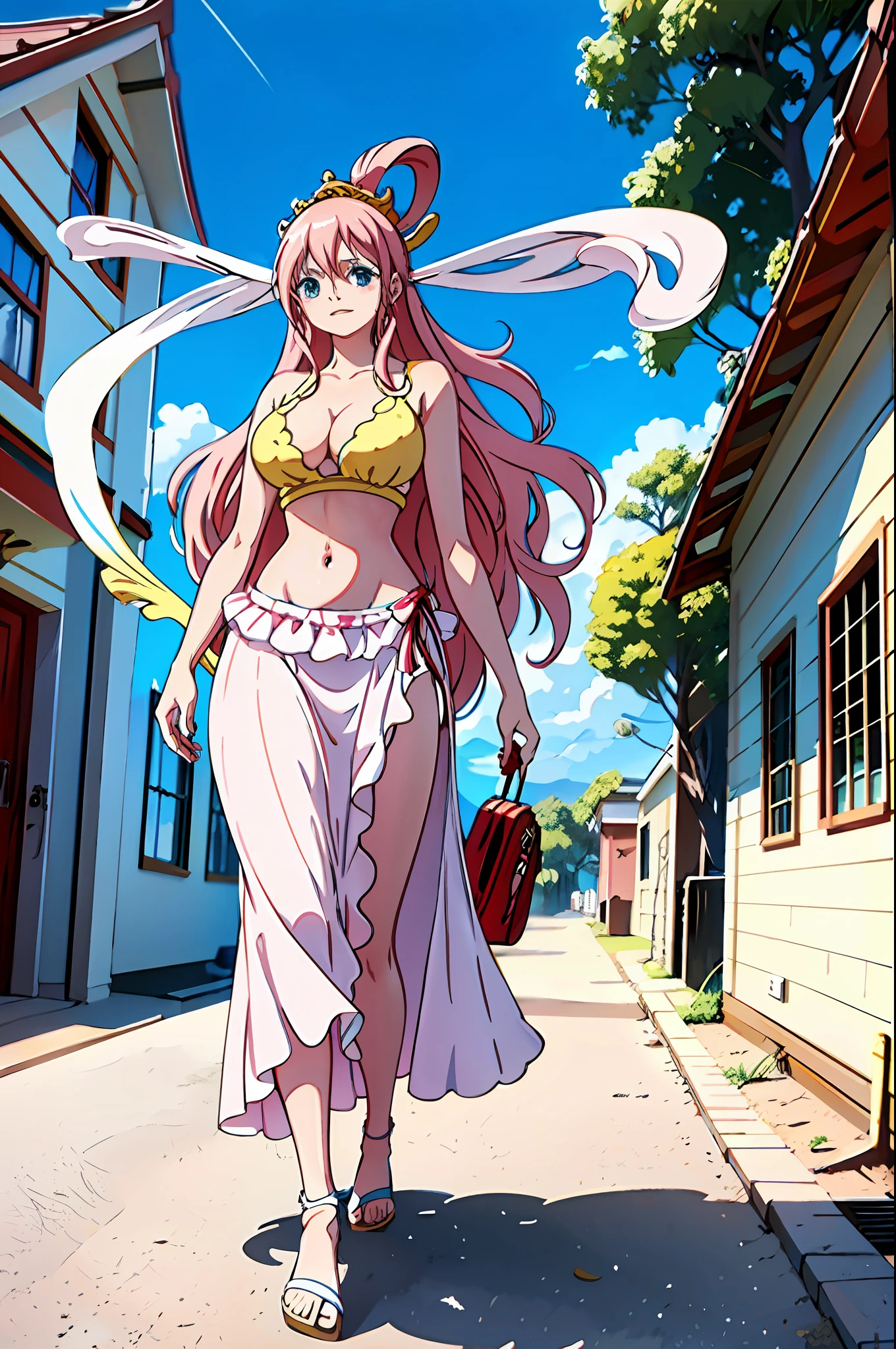 Shirahoshi),detailed face,, (masterpiece:1.2), highres, best quality, 8k,walking, long skirt, beach