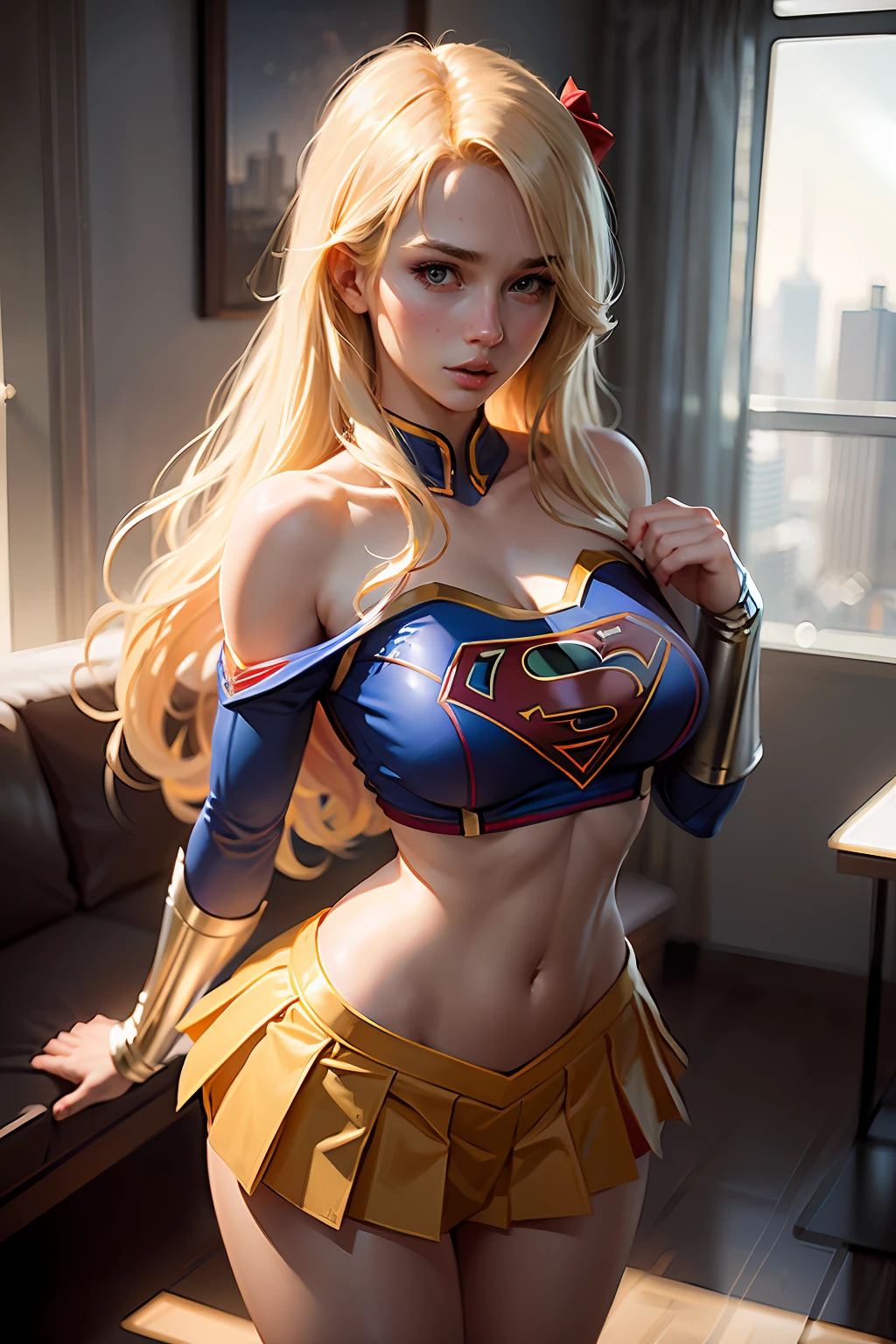 8k, real picture, intricate details, ultra-detailed,(photorealistic), 
Supergirl, long blonde hair, midair, flying hairband, \(white\) crop top, short sleeves, cape, blue pencil skirt, gloves, boots BREAK 
detailed (wrinkles, folds!, viens, skin imperfections:0.1),
finely detailed beautiful eyes, close-up, small eyes, look at viewer,