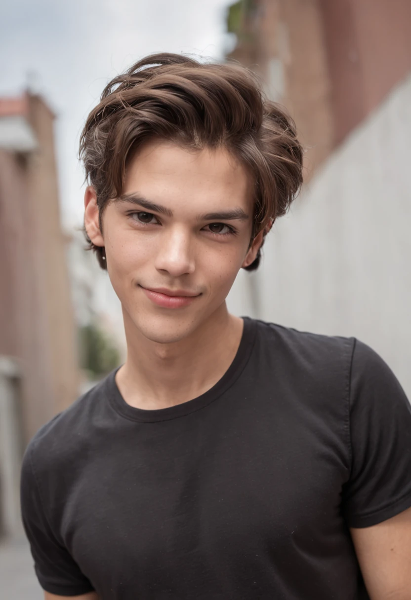 um menino branco, magro, cabelos castanhos, fleshy lips, short preto e camiseta branca, smiling and playful