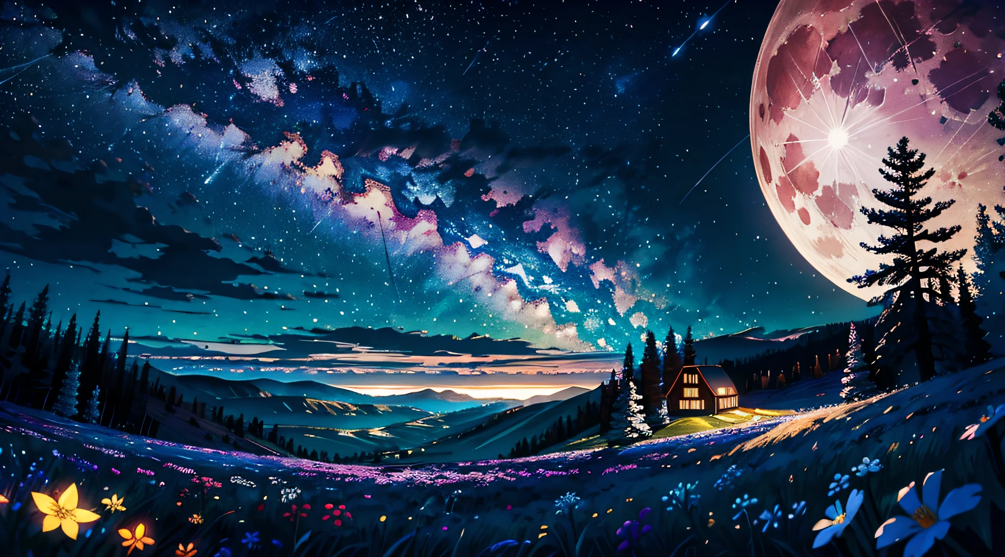 Expansive landscape photograph, (view from below with a view of the sky and the wilderness below), little girl standing in a flower field looking up, (full moon: 1.2), (shooting star: 0.9), (nebula: 1.3), distant mountain, tree break production art, (warm light source: 1.2), (firefly: 1.2), lamp, purple and orange, intricate detail, volume lighting BREAK (masterpiece: 1.2), (highest quality ), 4k, ultra-detailed, (dynamic configuration: 1.4), highly detailed and colorful details (iridescent: 1.2), (sparkling lighting, atmospheric lighting), dreamy, magical, (solo: 1.2)