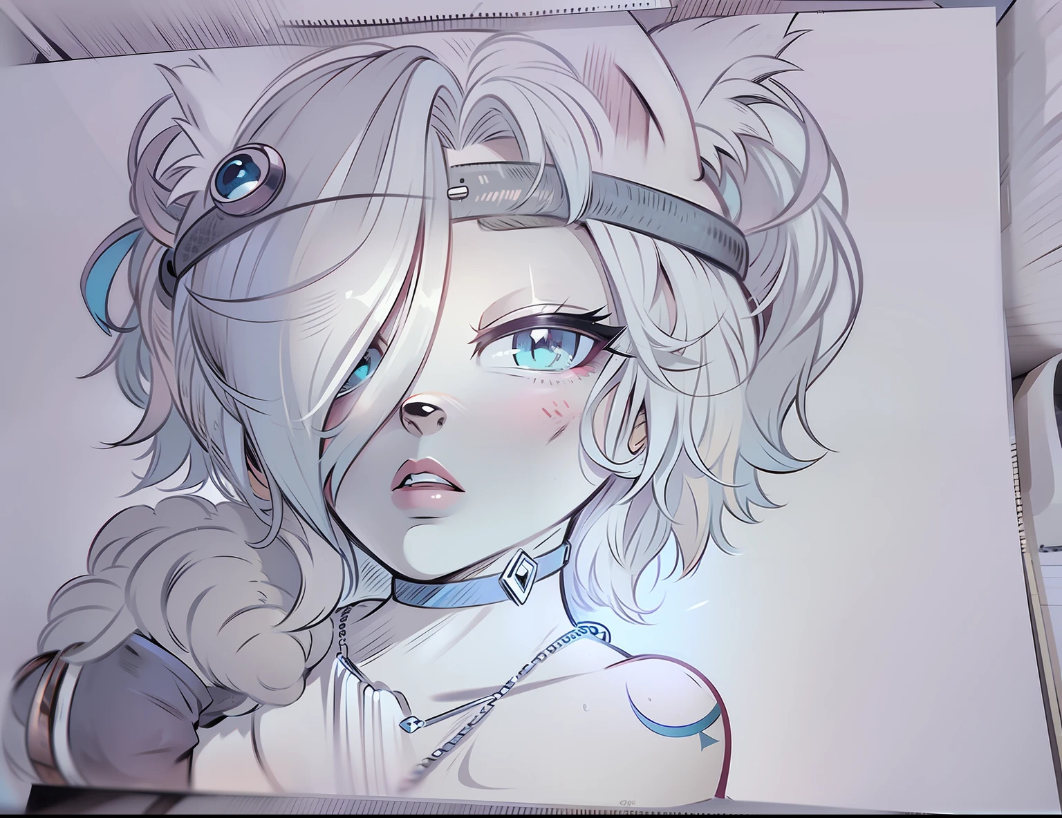 (Anthropomorphic wolf cute cub) orelhas de lobo,com um corce preta, um olho azul e outro branco , heterocromia nos olhos ,cabelo platinado curto cacheados com pontas roxas,bad girl, Moon birthmark on forehead 🌕🌙, Hibrido,jovem, retrato, busto, postura de frente para a camera, Cartoon, vestido como uma vesater roqueira metaleira dos anos 80 obra prima, postura de confiante, youtuber, fleshy lips , piercings no nariz e nas orelhas de lobo, tatuagens pelo corpo, tattoo de lua 🌙 acima dos seios,asas de anjo negro nas costas, e coleira , dark purple choker on neck, Hand with drag glove