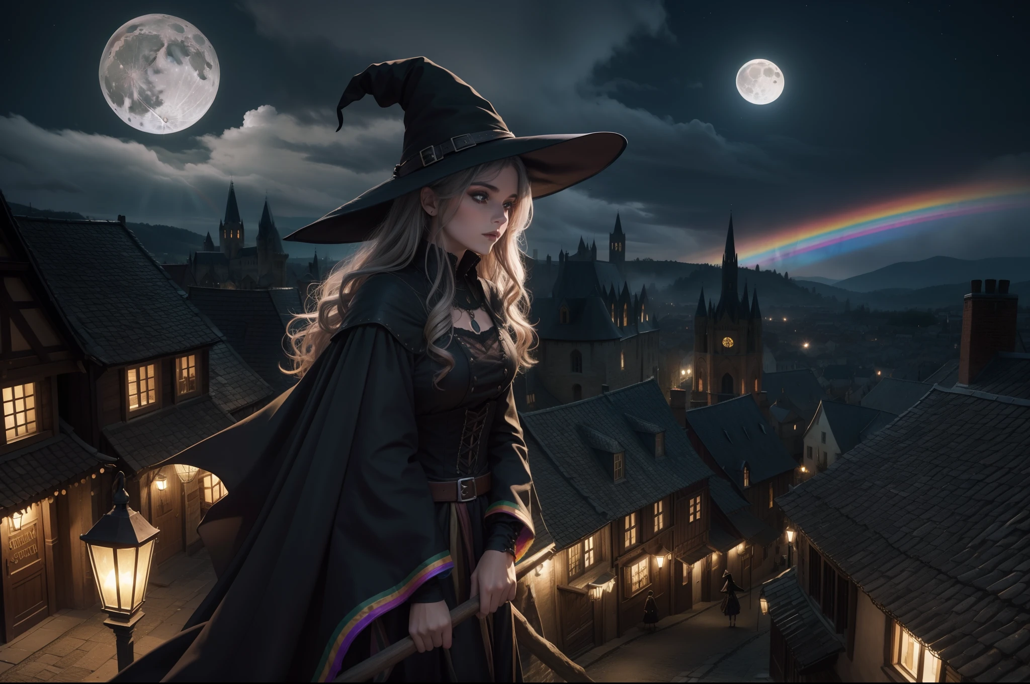 A witch flying over a Medieval town in a broomstick. She wears a ponty hat, multilayered dress in dark colors, wavy messy rainbow hair, gothic make-up. Full Moon night, medieval town as background. Illuminated by moonlight and lamps in the town.