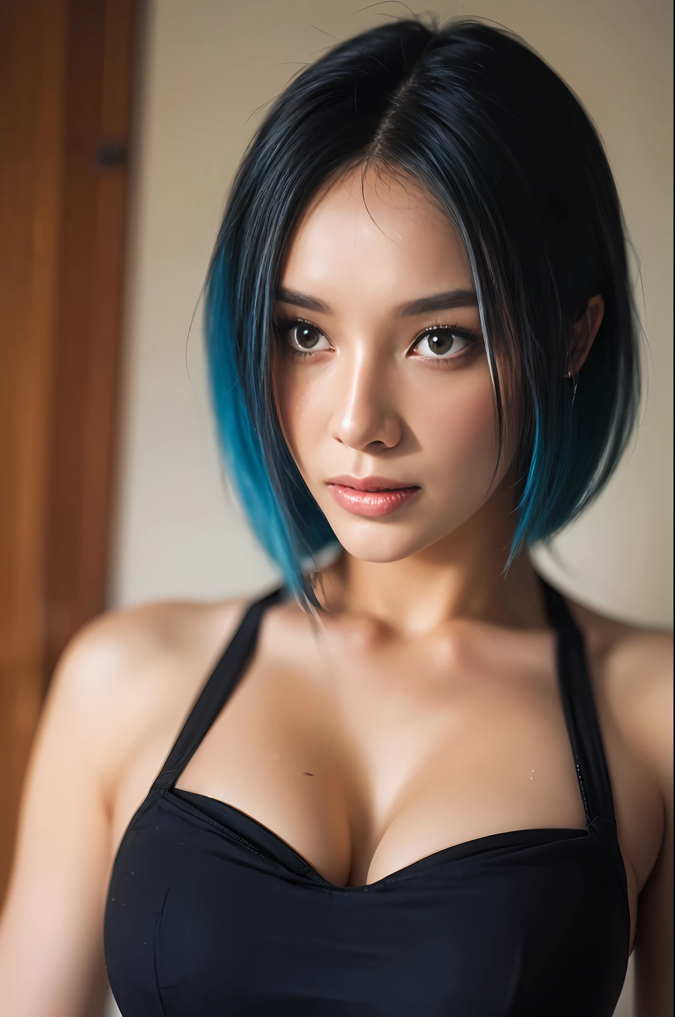 (Medium_shot:1.2), best quality, (8k, RAW photo, best quality, masterpiece:1.2), (realistic, photo-realistic:1.4), (1girl), medium breast, blue hair