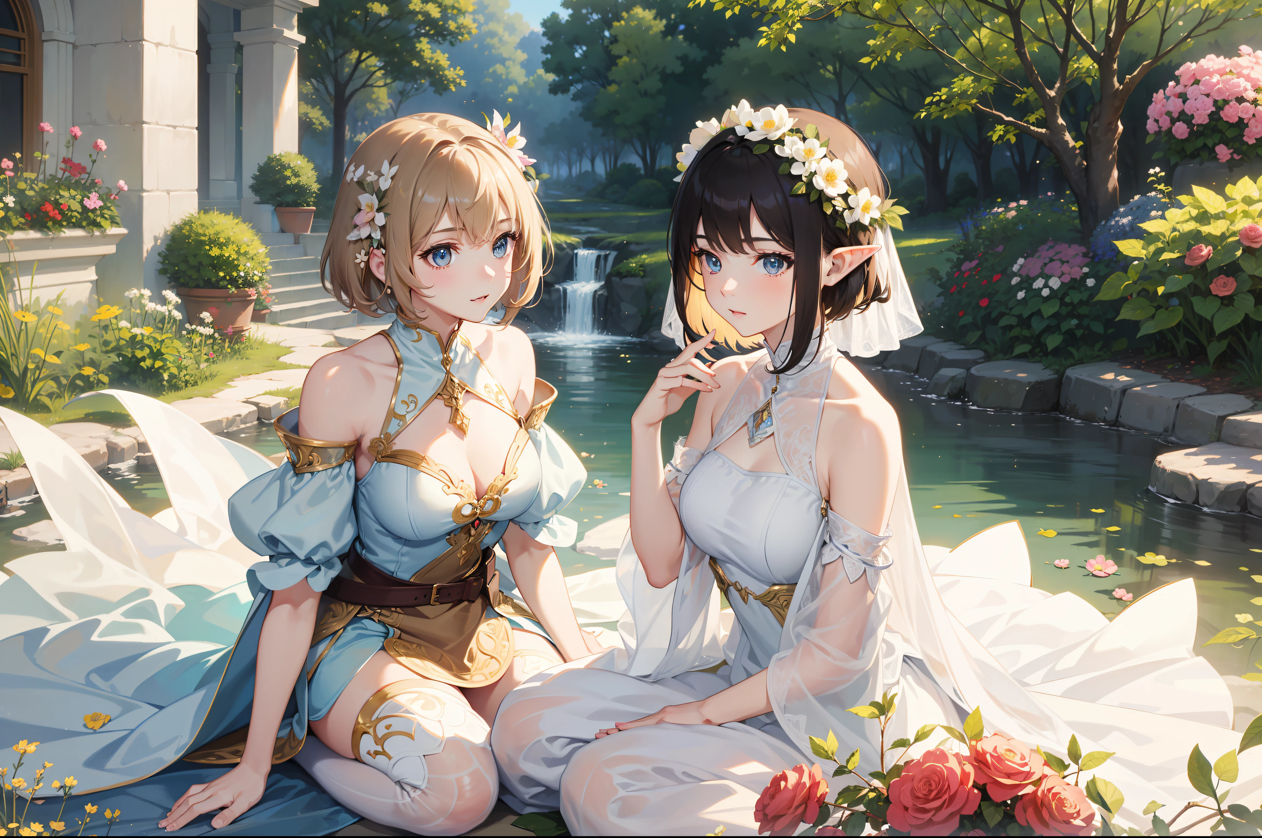 Official Art, Masterpiece European female, elvish, short hair, pale brown hair , brown eyes, (masterpiece、top-quality、hight resolution: 1.4),in 8K, Drawing of a woman with short pale brown hair, Anime Art Nouveau, highly detailed exquisite fanart, anime fantasy illustration, clean detailed anime art, detailed anime art, Sharp Focus, Delicate Beautiful Hair and Eyes and Face, realisitic, ultra-detailliert, flower garden, sunlight