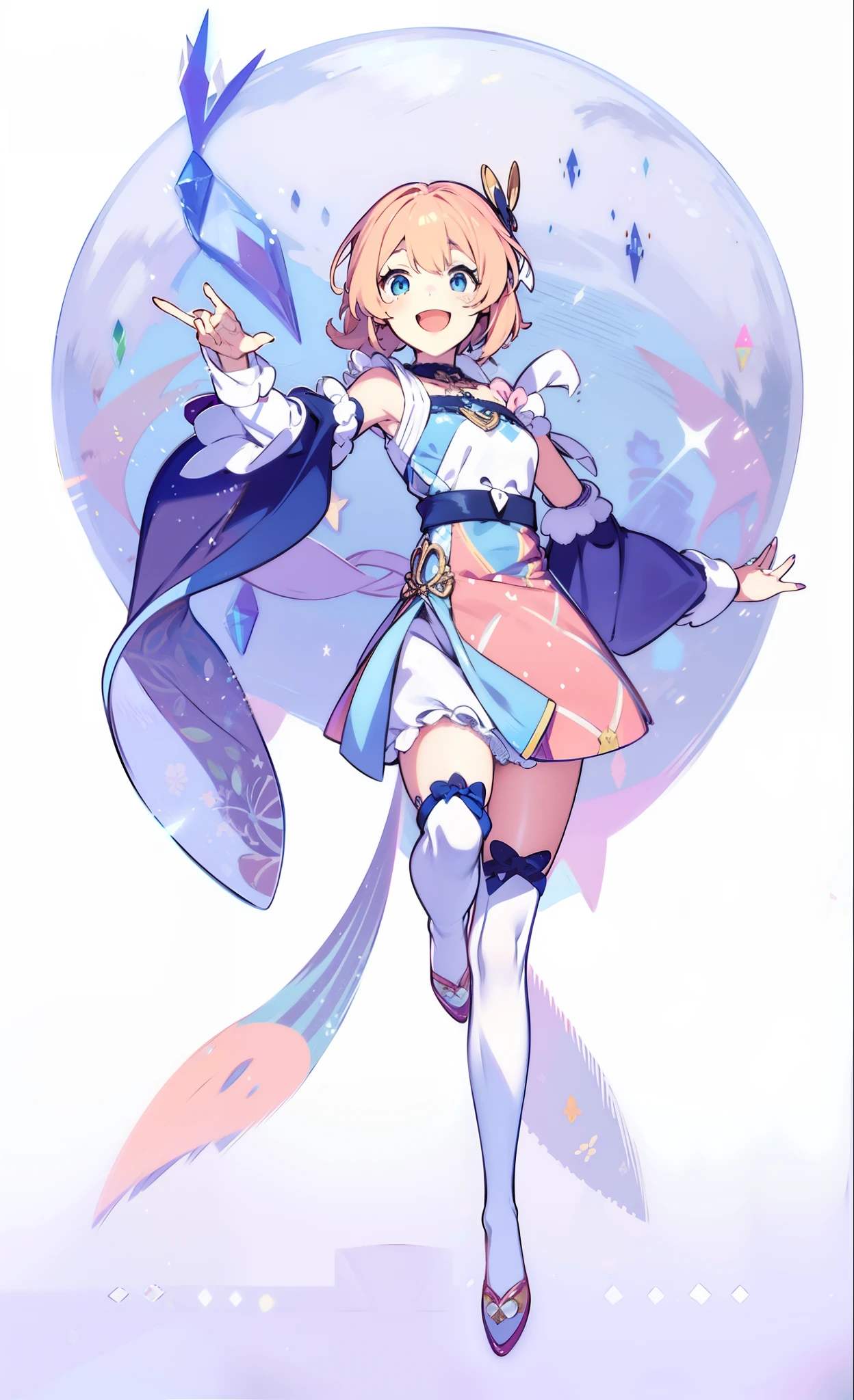 Menina do anime com olhos azuis, peach hair color with light blue tips, cheerful and smiling expression