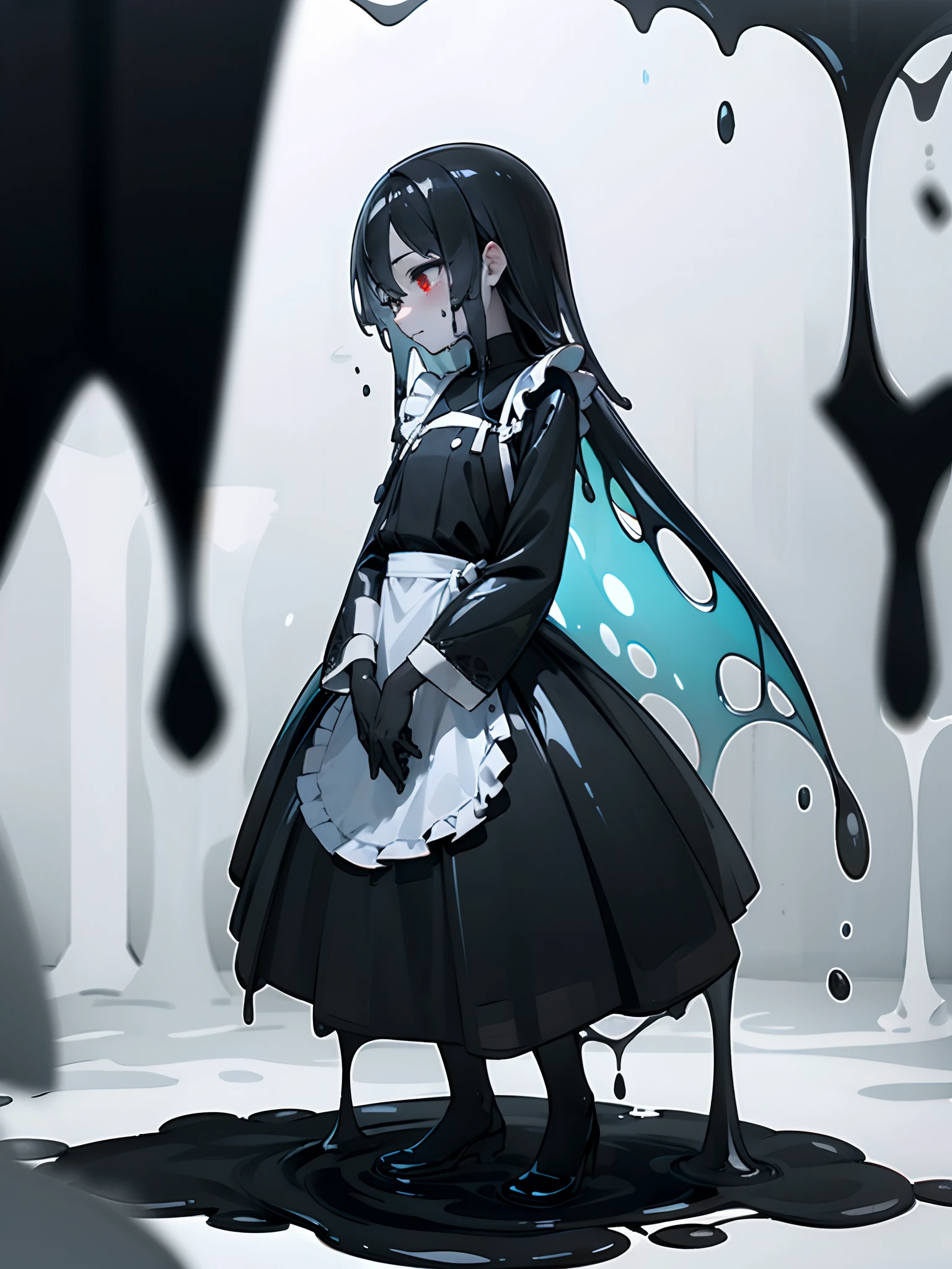 full body view, best quality, detailed drawn hands, realistic fingers), (masterpiece, sidelighting, finely detailed beautiful eyes: 1.2), ((Best quality)), ((masterpiece)), (highly detailed:1.3), anime, slime is dripping from girl's body, background is visible through girl's transparent upper body, translucent goo, transparent slime, standing, (white face color, covered in white goo), black stains on body, dripping black goo, covered in black|white goo, young girl, slime girl, messy, half black and half white slime, small chest, head covered in black goo, extremely long hair, red eyes, hair between eyes, merged with goo, melting body, dripping with slime, maid costume, half black body color, liquid body, white skin color, liquid hair, slime covered hair, black hair, blue highlights, melting into puddle, masterpiece, clean image, high res, HD, high quality, side view,