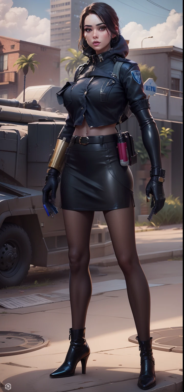 She exudes a captivating allure with her long, flowing pink hair that catches the sunlight, framing her face. Behind stylish glasses, her striking blue eyes radiate intelligence and charm. Clad in a pleated mini skirt that adds a touch of playfulness, she pairs it seamlessly with a skin-tight black crop top, emphasizing both style and confidence. Ripped thigh-high socks add an edgy flair, and her choice of high-top combat boots completes the ensemble with a hint of rebellious sophistication. Together, this ensemble reflects a unique blend of fashion and individuality.