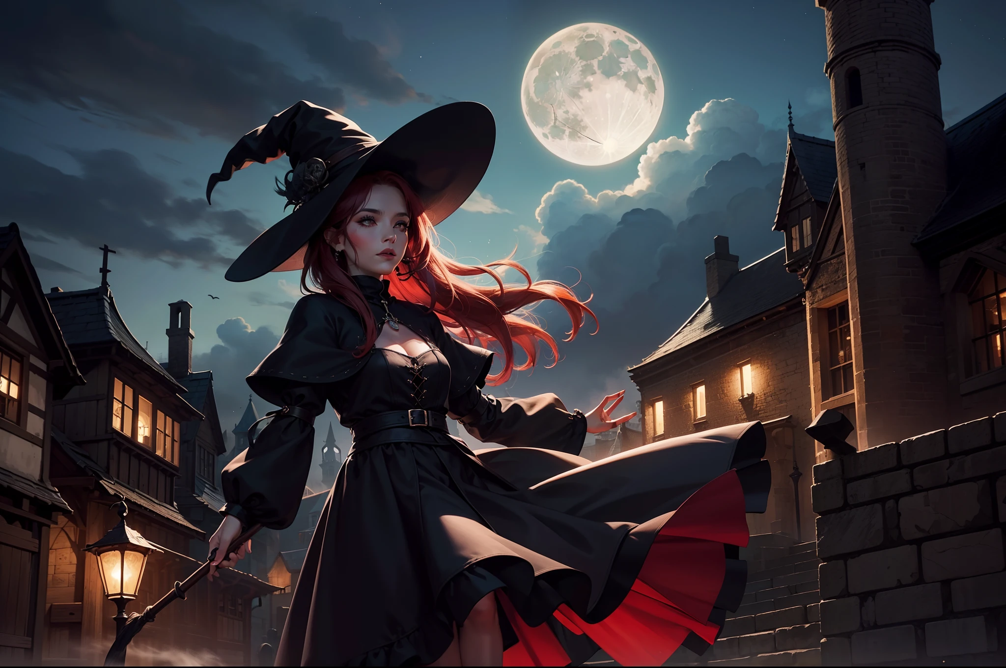 city, custom, witch, hat, magic, <lora:h4l0w3n5l0w5tyl3M3rg34ll:0.81>, h4l0w3n5l0w5tyl3m3rg34ll,, 25 year old girl, (elf), (Red-headed:1.4), almond eyes, green eyes, long hair, [curly hair], eye shadow makeup, 162cm tall, oval face, snub nose, heart-shaped lips, arched eyebrows, <lora:breastsizeslideroffset:0>,, (full body:1.5), (masterpiece,High quality,best quality:1.4),sharp focus,(intricate, detailed:1.3),(Cinematic lighting),(detailed scenery, epic scenery),(official style, official art, official wallpaper,), (everything Detailed), <lora:more_details:0.2>, <lora:add_detail:0.2>, <lora:detail_slider_v4:0.2>,