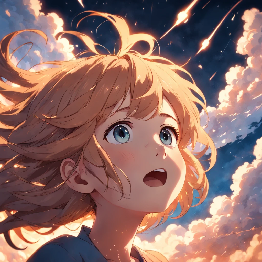 masterpiece, best quality, movie still, 1girl, cloud girl, floating in the sky, close-up, bright, happy, warm soft lighting, sunset, (sparks:0.7)