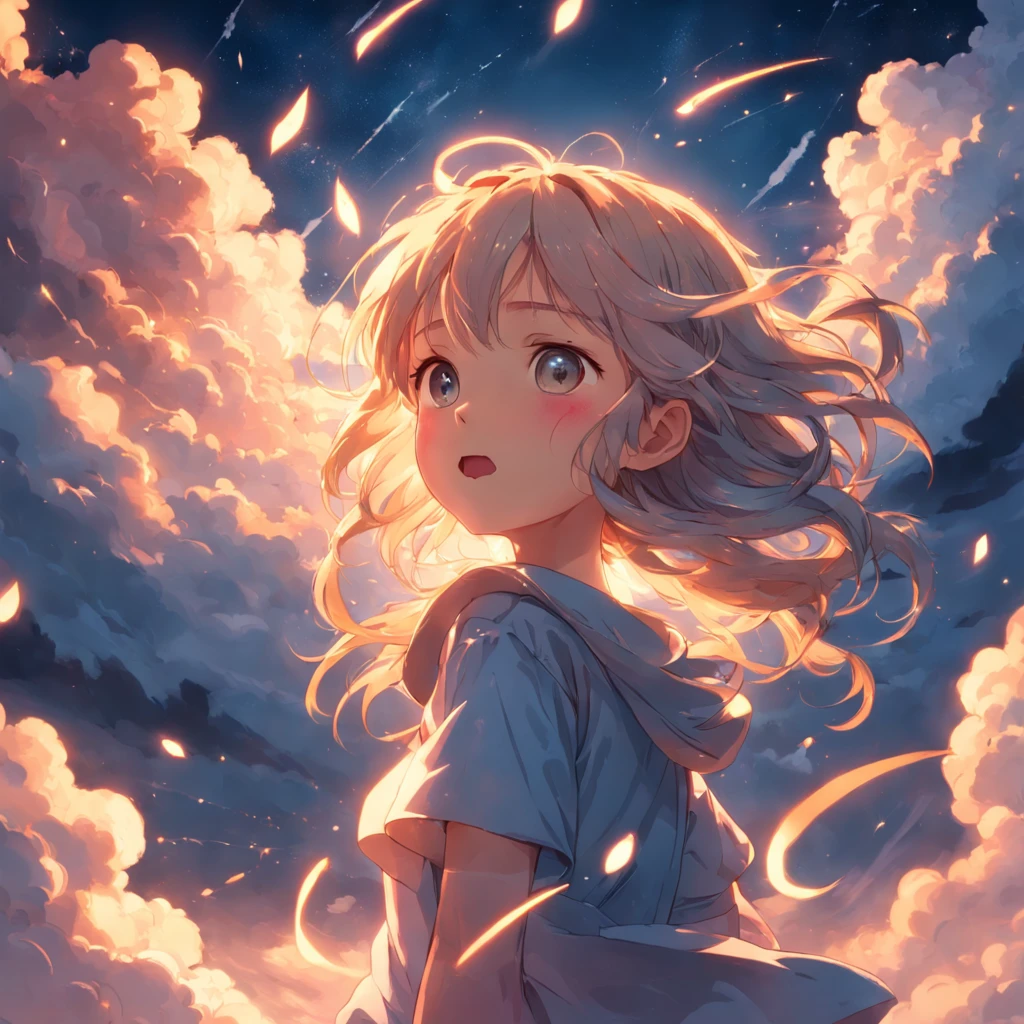 masterpiece, best quality, movie still, 1girl, cloud girl, floating in the sky, close-up, bright, happy, warm soft lighting, sunset, (sparks:0.7)