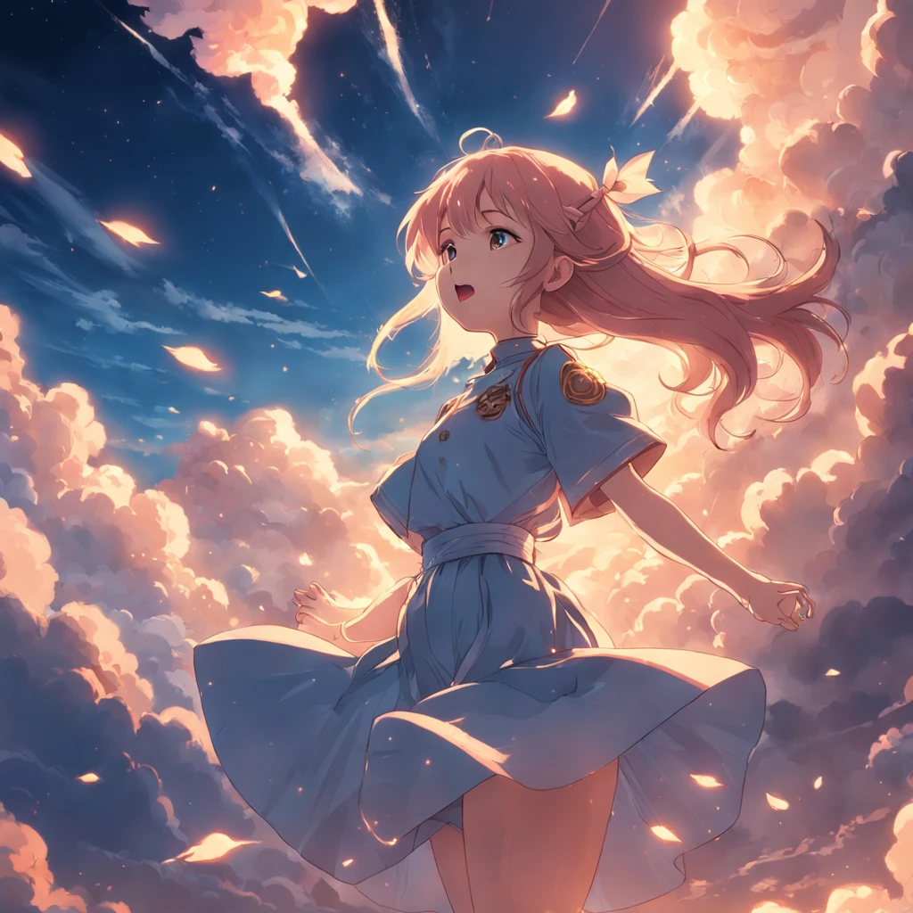 masterpiece, best quality, movie still, 1girl, cloud girl, floating in the sky, close-up, bright, happy, warm soft lighting, sunset, (sparks:0.7)
