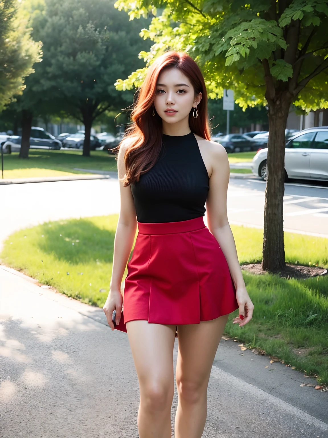 (Upper body), (18 years old girl), big breast, red hair, mini skirt, in the park