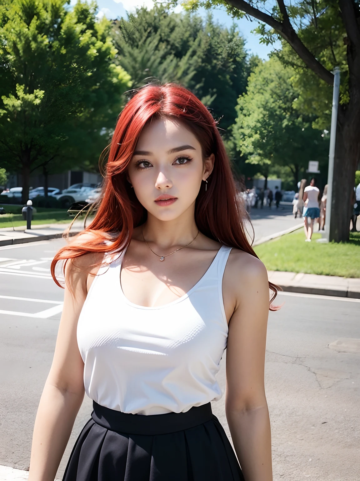 (Upper body), (18 years old girl), big breast, red hair, mini skirt, in the park