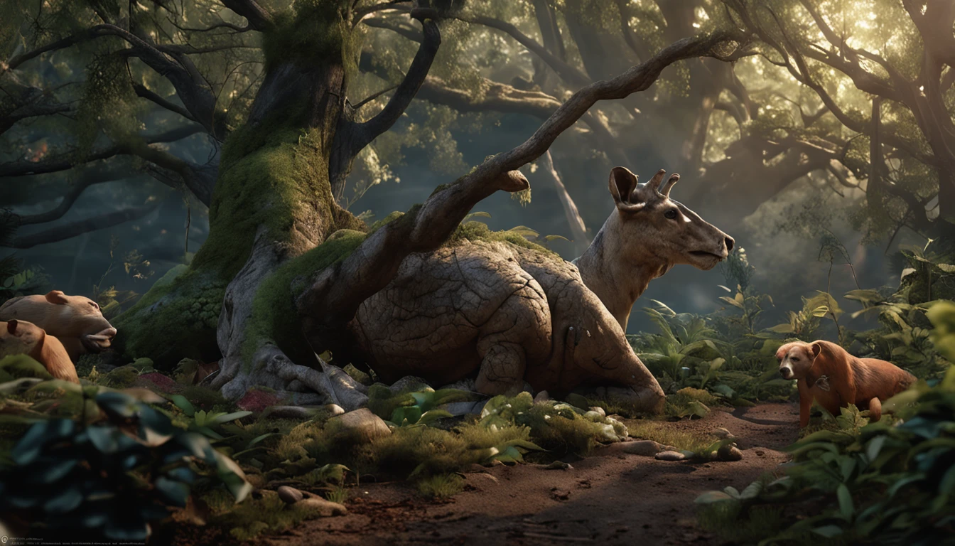 Fallen animals and trees in the forest, best quality master piece, ultrarealista