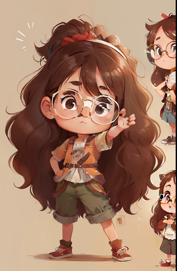 folha de caracteres,morena do cabelo longo, Menina aventureira, 5 anos, long brown hair various poses glasses