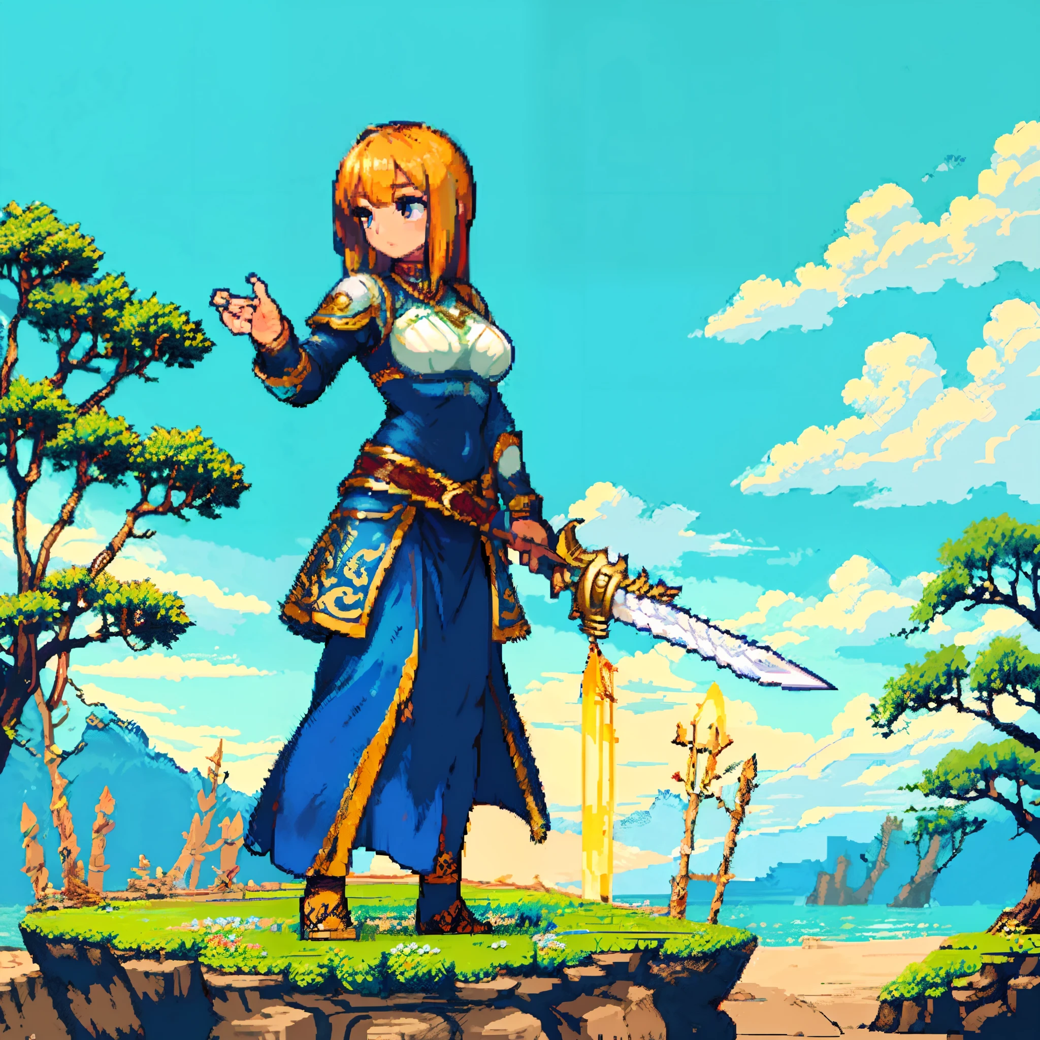(masterpiece, Highest quality:1.2), Pixel art,land，,There is a mysterious cave in the forest,Blue haired female warrior,Short hair