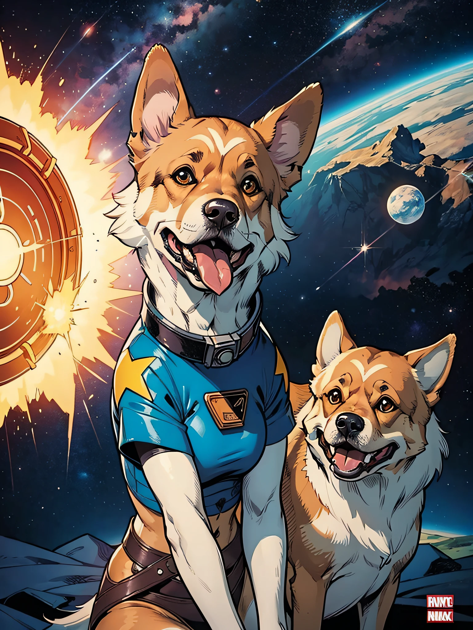 Comic Art Style Space Dog, funny and surprised, para um adesivo, German Shepperd, with her tongue out, alegre