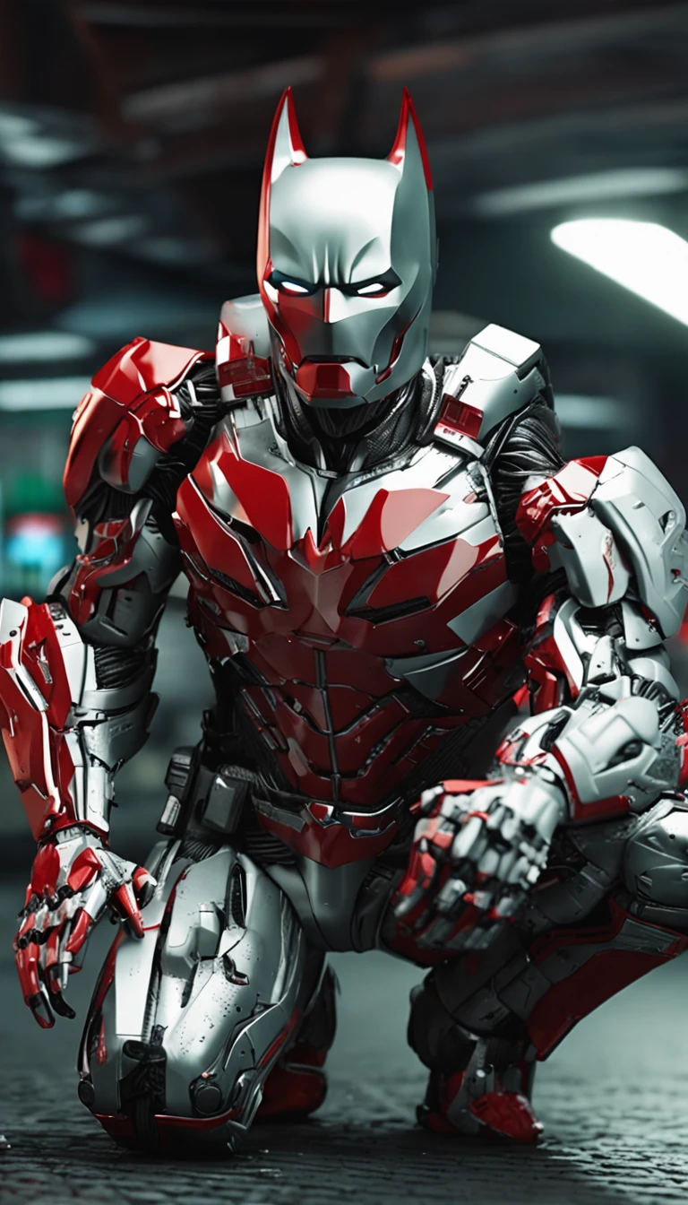 Um batman verde, Realistic white and red in a titanium cybernetic suit, detalhado, designe perfeito, alta qualidade arestas perfeitas e simetricas ::n_desenho de estilo, Low-quality imperfection, boneco, Jogo, anime
