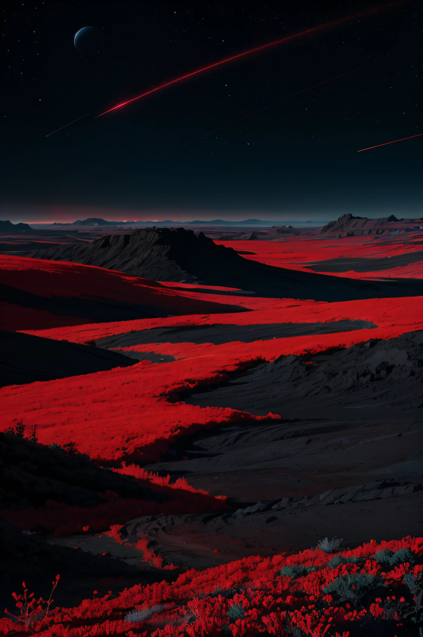 "Dark and mysterious landscape with a black earth ground, vibrant red plants, a pitch black sky, and an interstellar atmosphere."