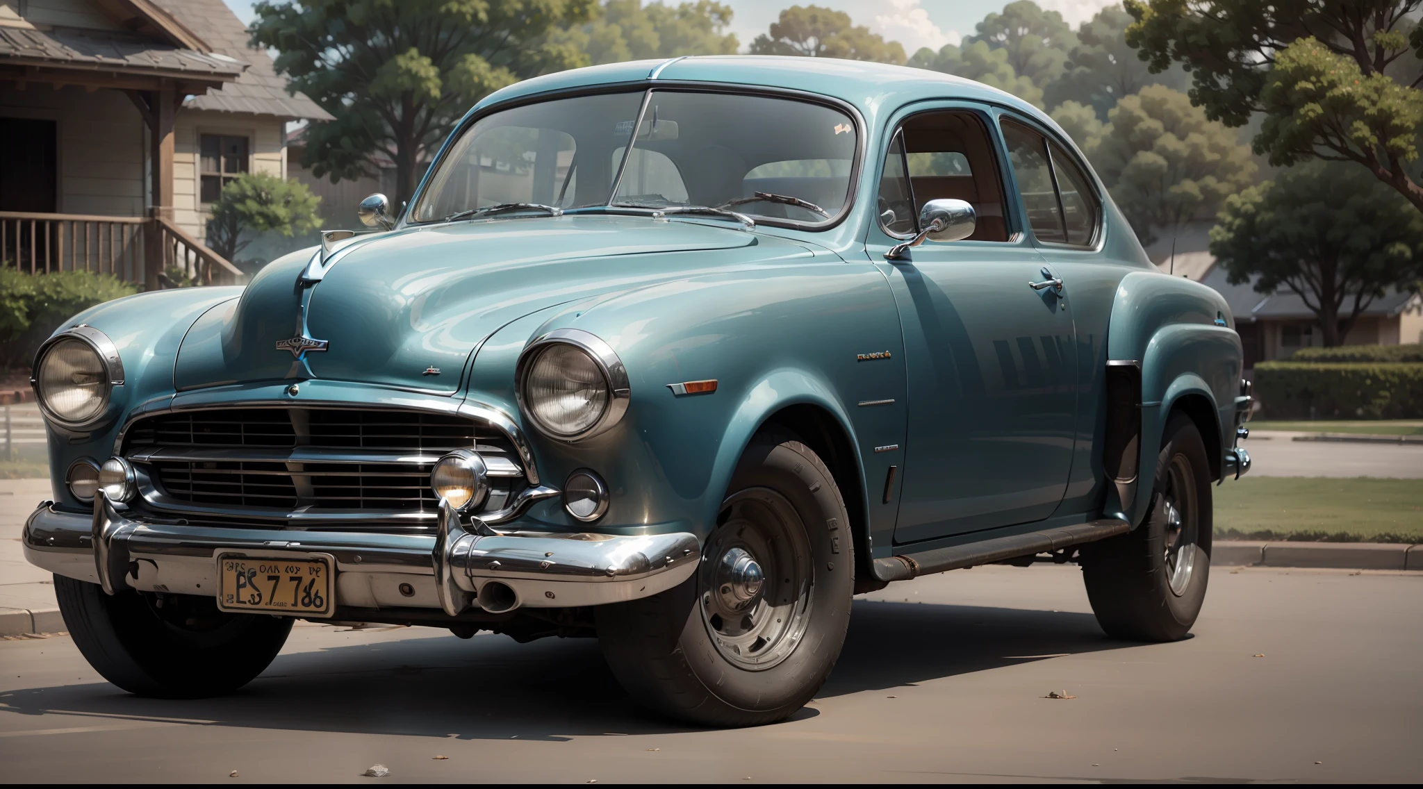 there is an old blue fastback car parked in a driveway next to a house, front side full, front side, 1 9 4 6, 1946, a wide full shot, 1948, 1947, 1 9 4 7, 3 / 4 extra - wide shot, 1944, 1 9 4 4, wide-body wide tires, whitewall tires, Ford, bokeh effect, painting, patina, high quality, realistic