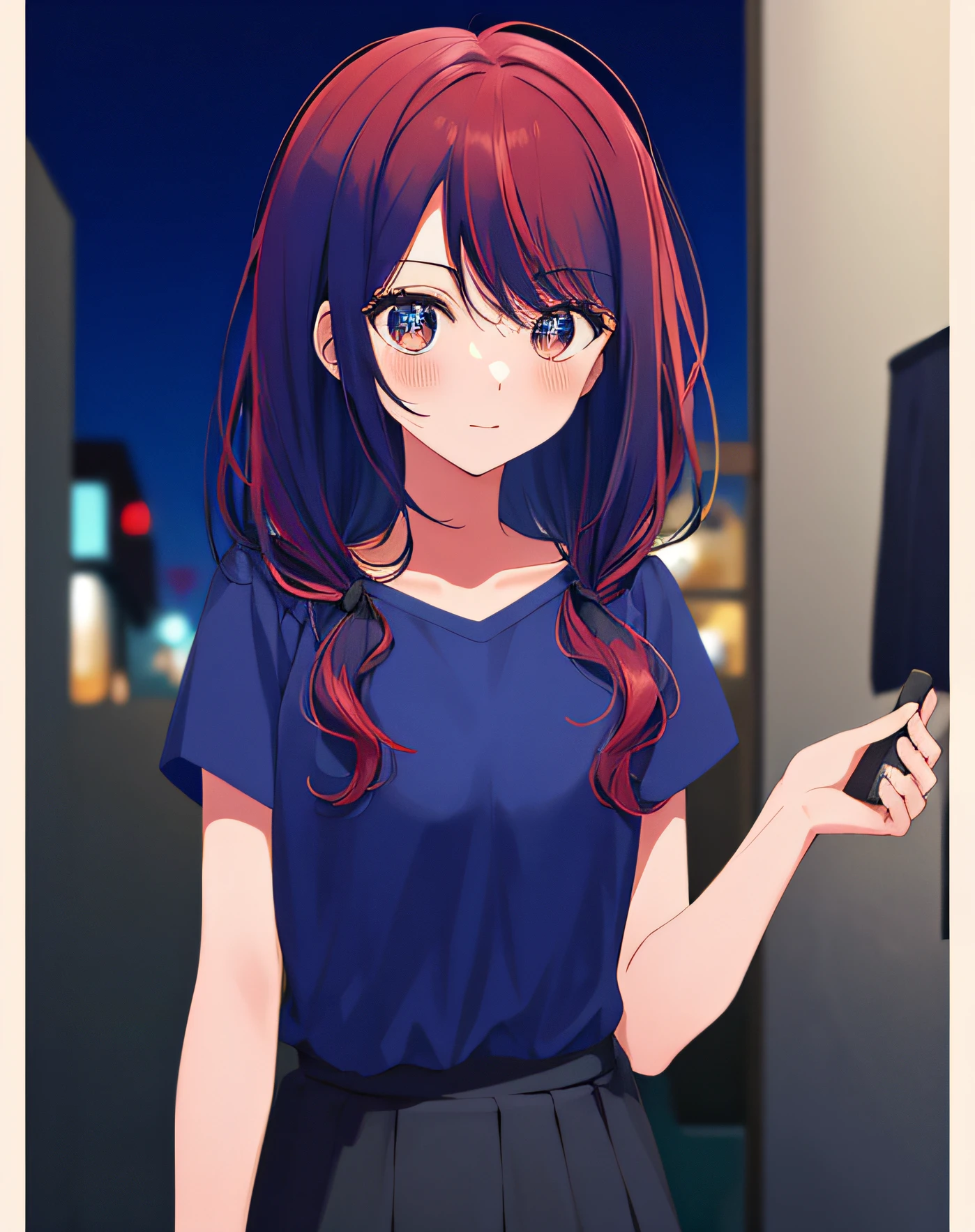 chica anime, pelo rojo,pelo corto, sentada, sonrojada, viendo a la carama, falda corta, camisa azul, ciudad en la noche, , (obra maestra), (alta calidad), (buenas proporciones), pechos normales, kana arima, oshi no ko