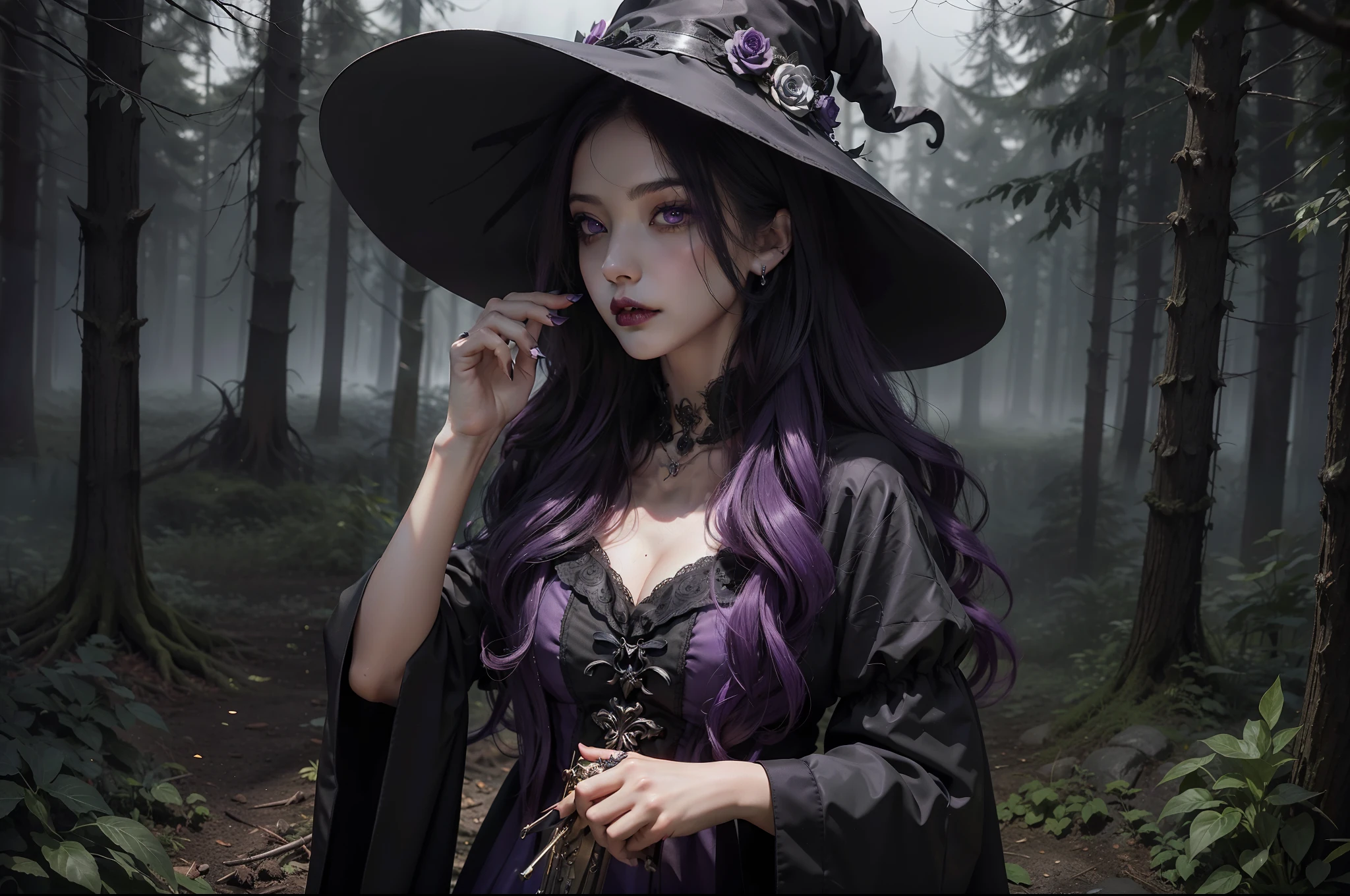 Close up of a witch in a clear in the woods. She cooks a magic potion on a big cauldron on a camp fire. She wears a ponty witch hat, a multilayered dress, black and dark purple fabric with silver embellishments. Long messy wavy hair in red colour, dark purple lips, fair skin, gothic make-up. She is surrounded by a swarm of moths and bats of different shapes and tones. Dynamic image. Magical dark flowery forest as background, night, stormy, moonlight filtering through the trees. Realistic.