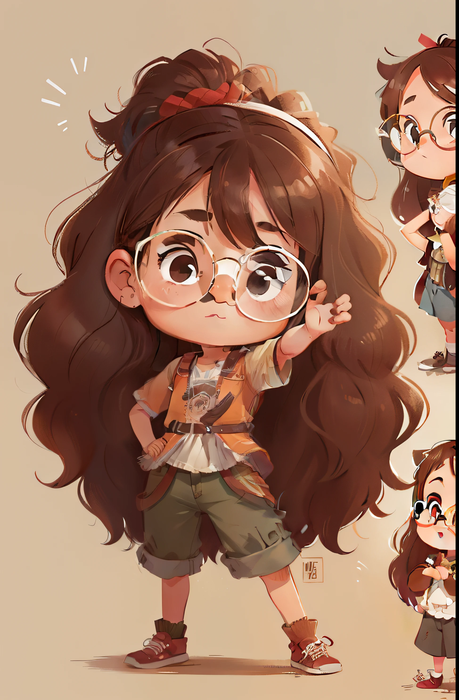 folha de caracteres,morena do cabelo longo, Menina aventureira, 5 anos, long brown hair various poses glasses