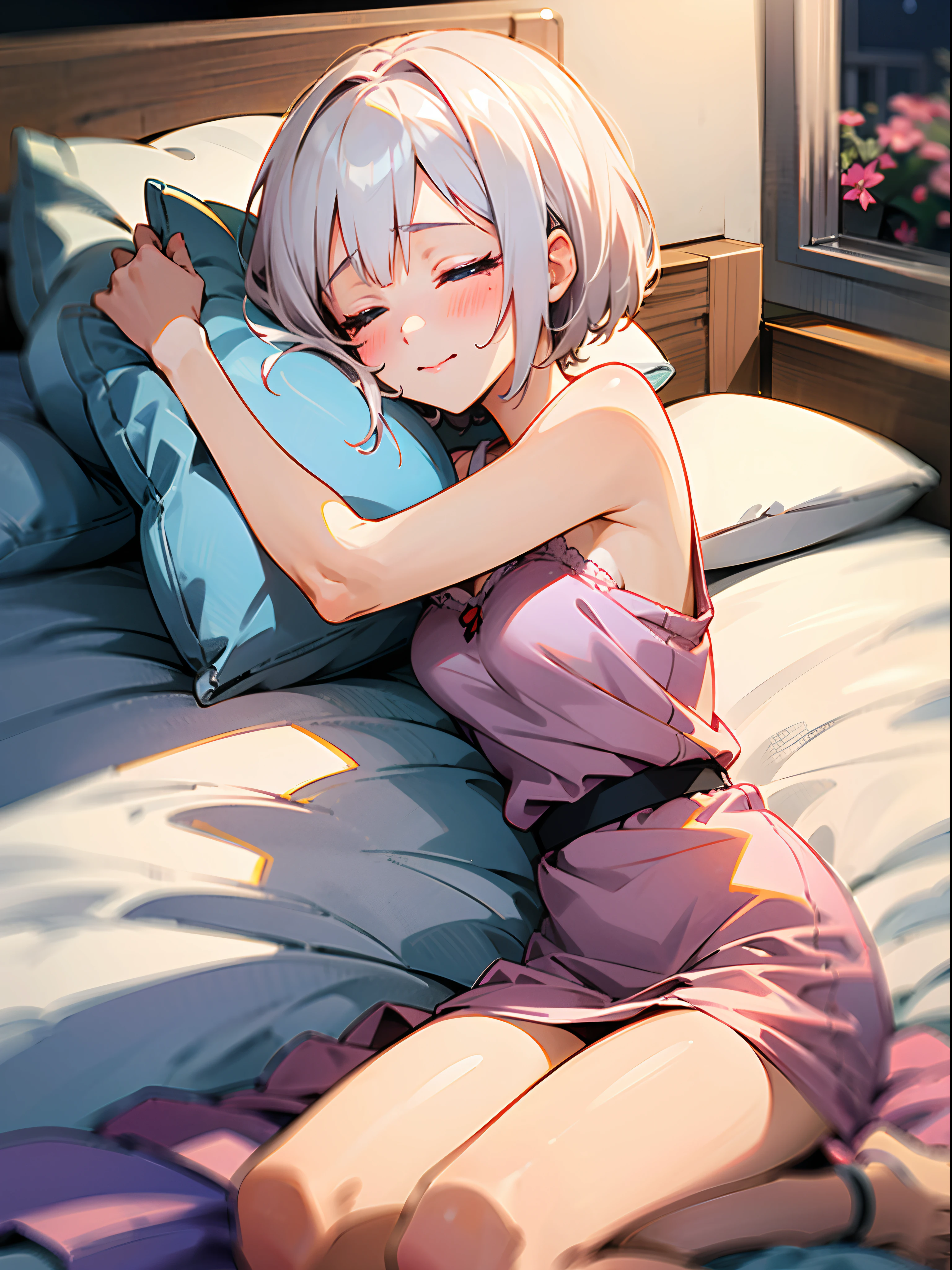 Anime girl with white short hair, closed eyes, wearing pink underwear, white hairs, pink dress, night, lies on bed, bedroom, cute face, ultrasharp 8k seductive girl, perfect eyes, seductive girl, sleeping, sleeping pose