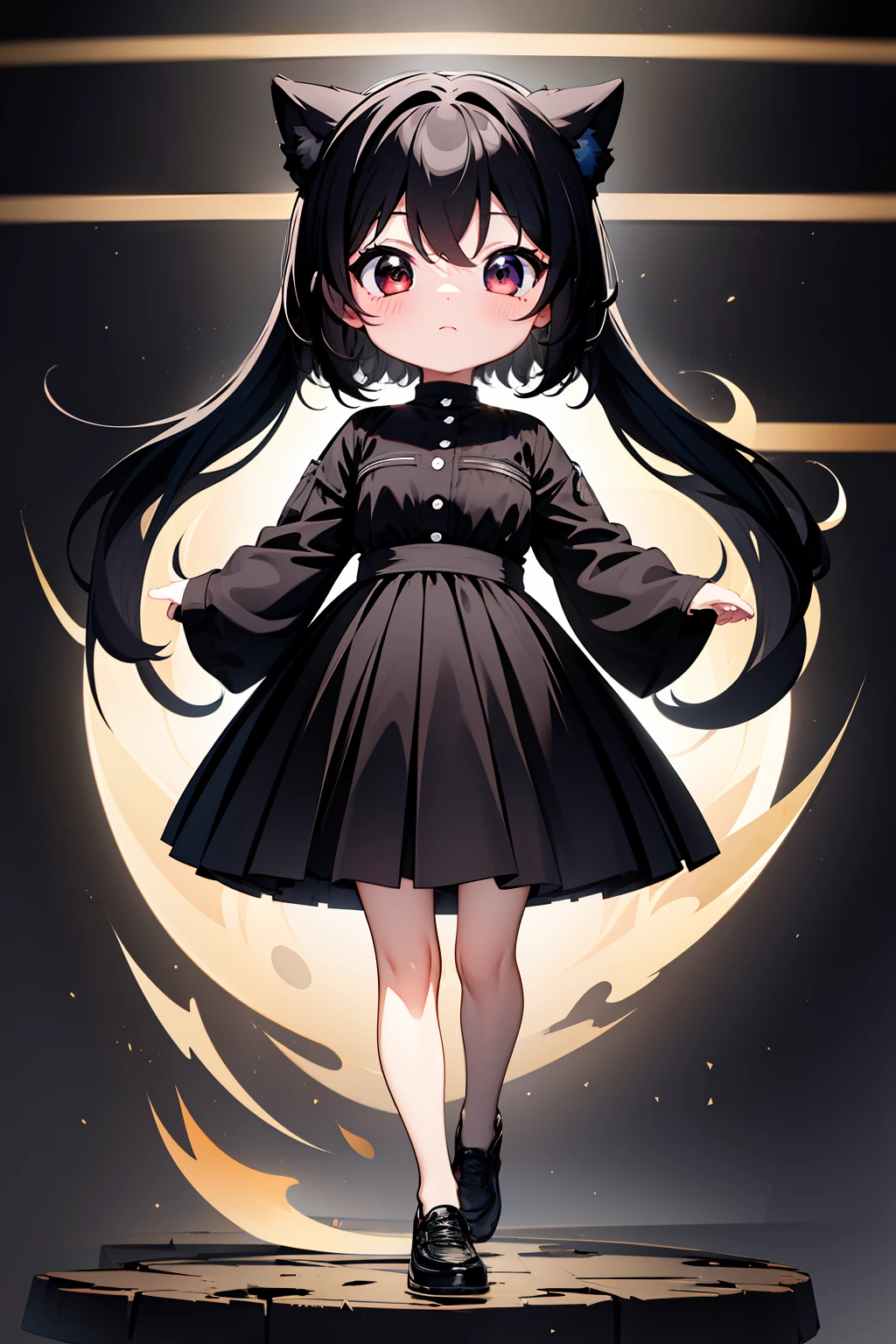 ((Best quality)), ((Masterpiece)),1 girl， animemanga girl，Q version characters，Infant body type，Very short in height，Black color hair，a black skirt，Fierce expression