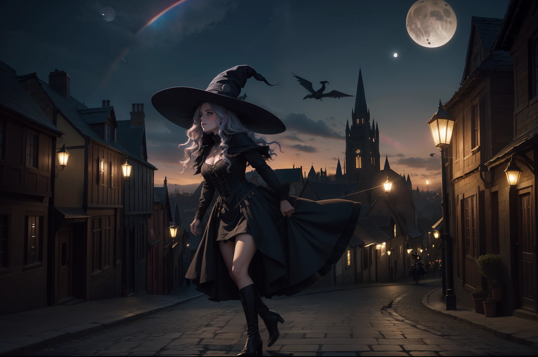 A witch flying over a Medieval town in a broom. She wears a ponty hat, multilayered dress in dark colors, wavy messy rainbow hair, gothic make-up. Crescent moon night, medieval town as background. Illuminated by moonlight and lamps in the town.