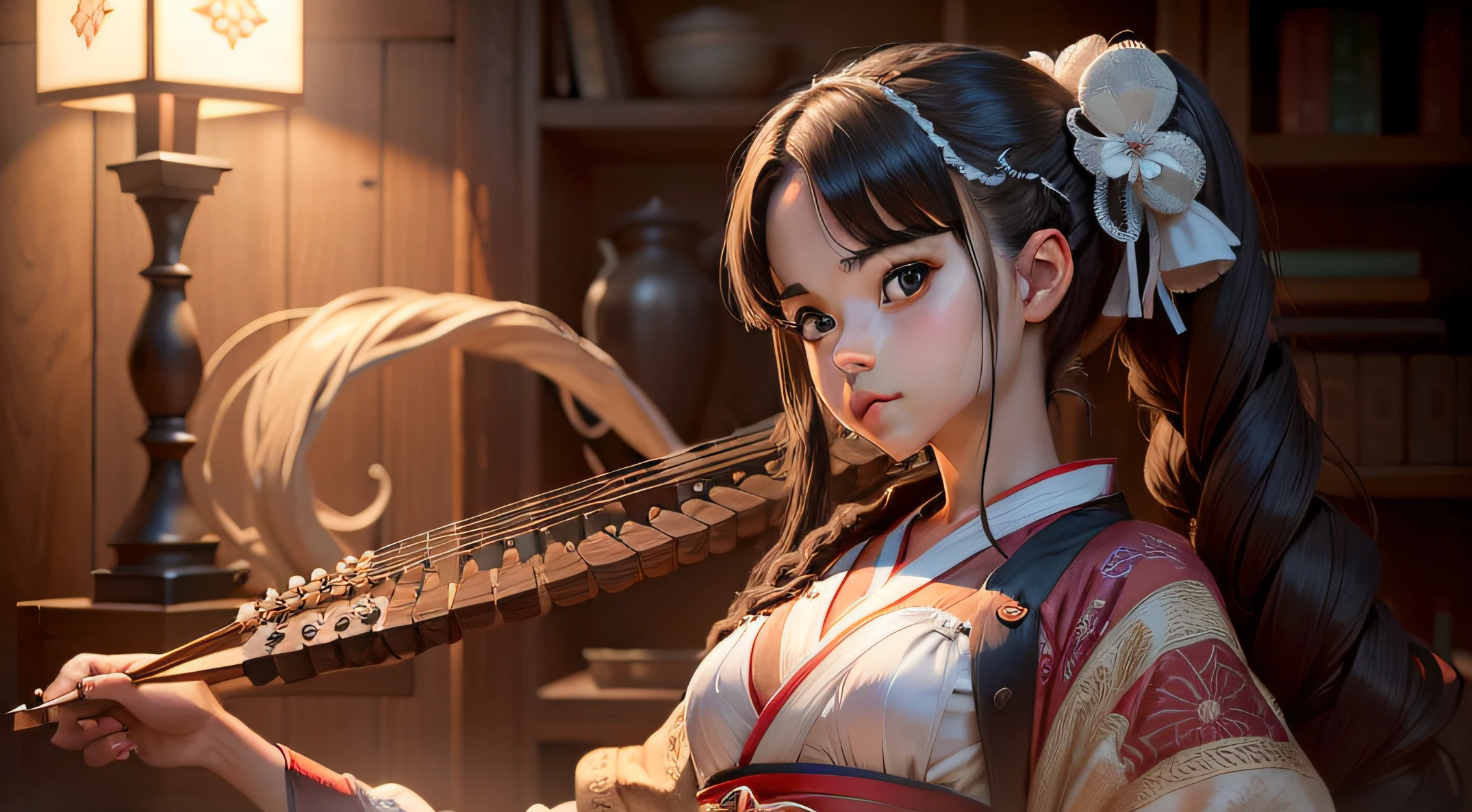 A little girl playing a guzheng, in the style of historical themes, tokina at-x 11-16mm f/ 2.8 pro dx ii, concept-art, Oriental, Gray and bronze, Detailed costumes, Master Perspective --Q 2 --S 750 --V 5