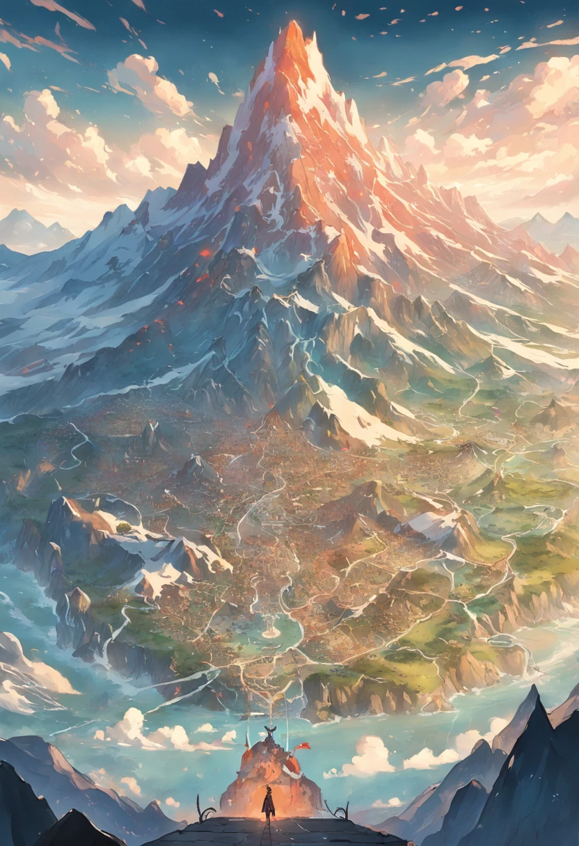MAP, Map of a fantasy continent, In the middle of the map montains and hill，north is Land of Ice, west is desert, To the east is the forest, jungle, south is magma, vulcans