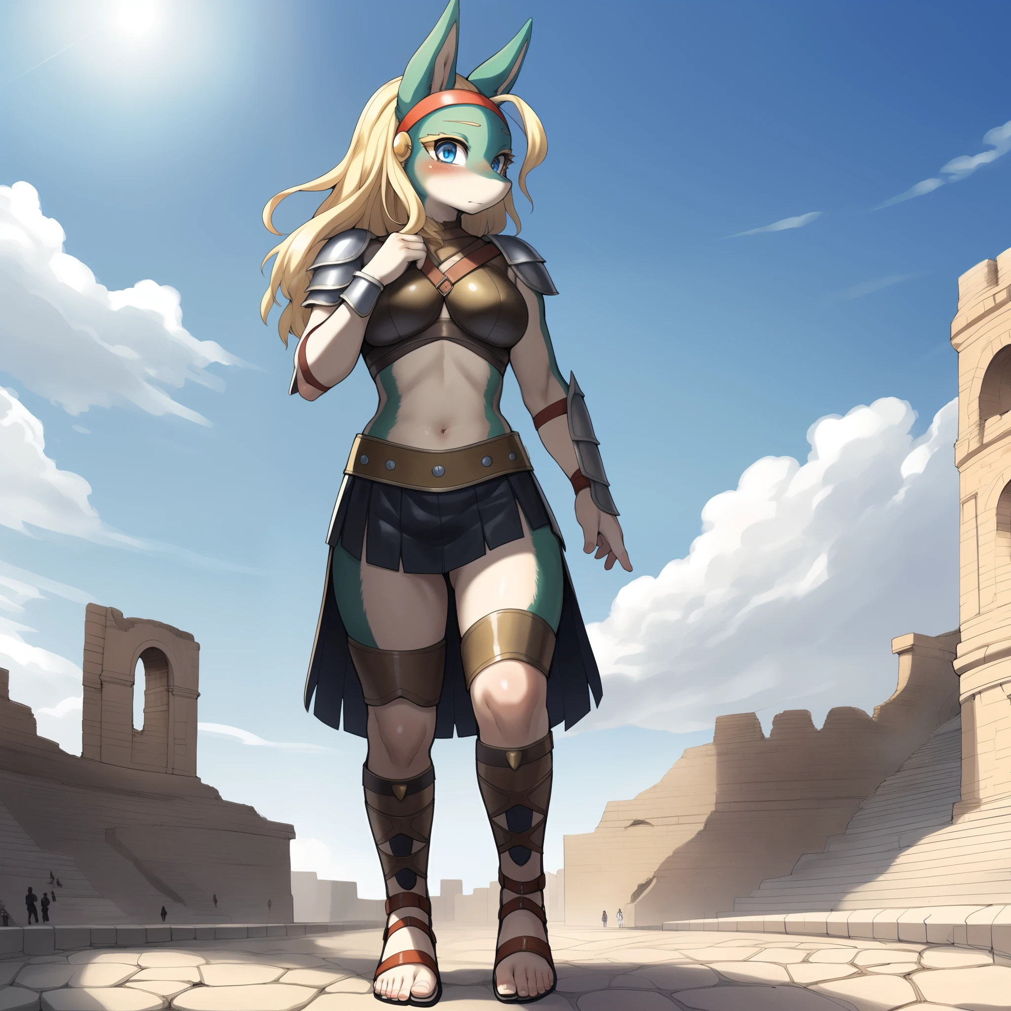 Ippan_josei, by gudlmok99, by sleepiness18, full body shot, walking in a Roman colosseum, neutral expression, (wearing leather gladiator armor, gladiator skirt), blonde hair, blue eyes, clearly drawn eyes, good anatomy, gladiator sandals, high resolution, high quality, a gladiator shield on her back, female focus, solo, sharp focus, 5 toes on feet,