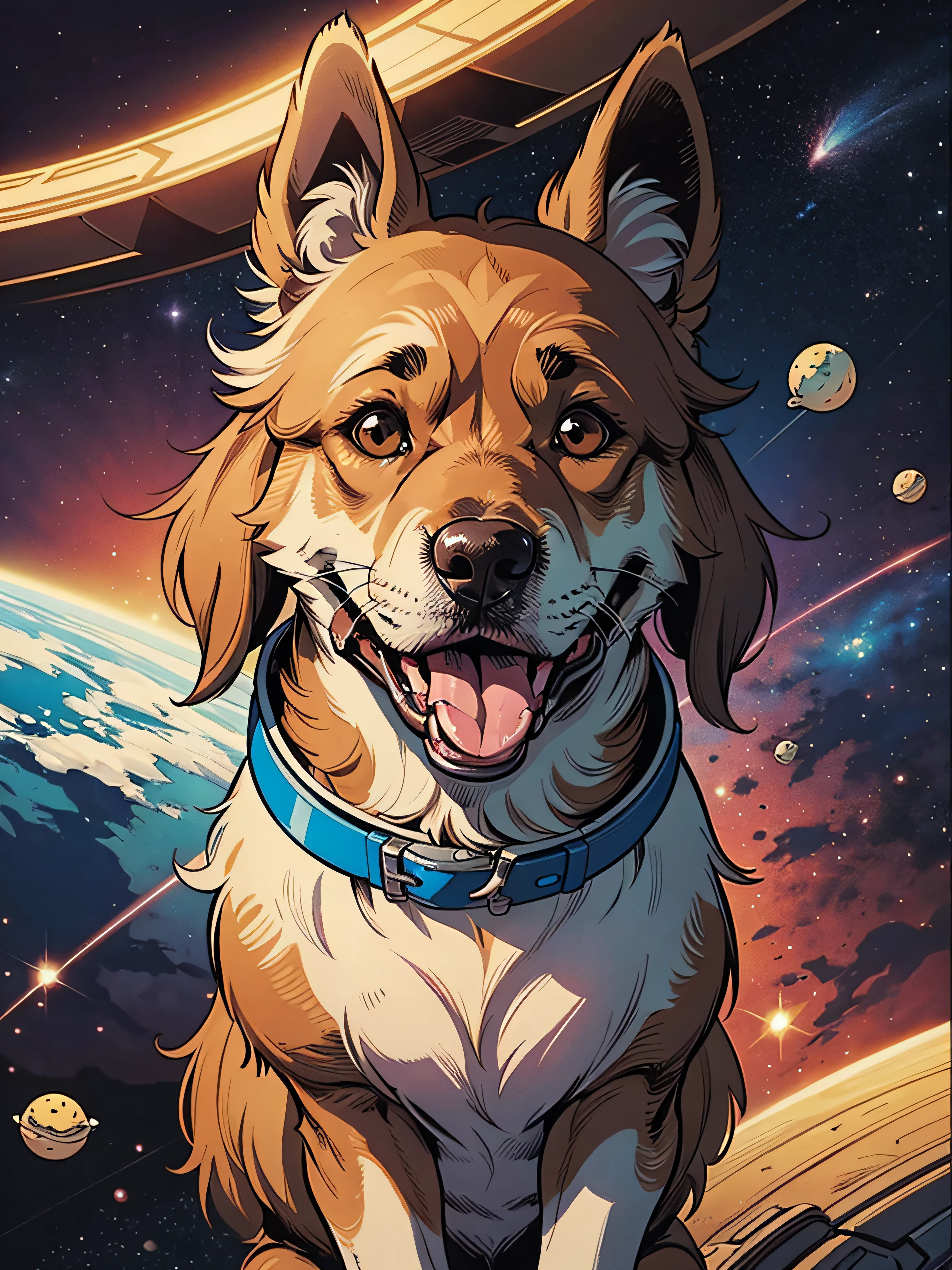 Comic Art Style Space Dog, funny and surprised, para um adesivo, German Shepperd, with her tongue out, alegre