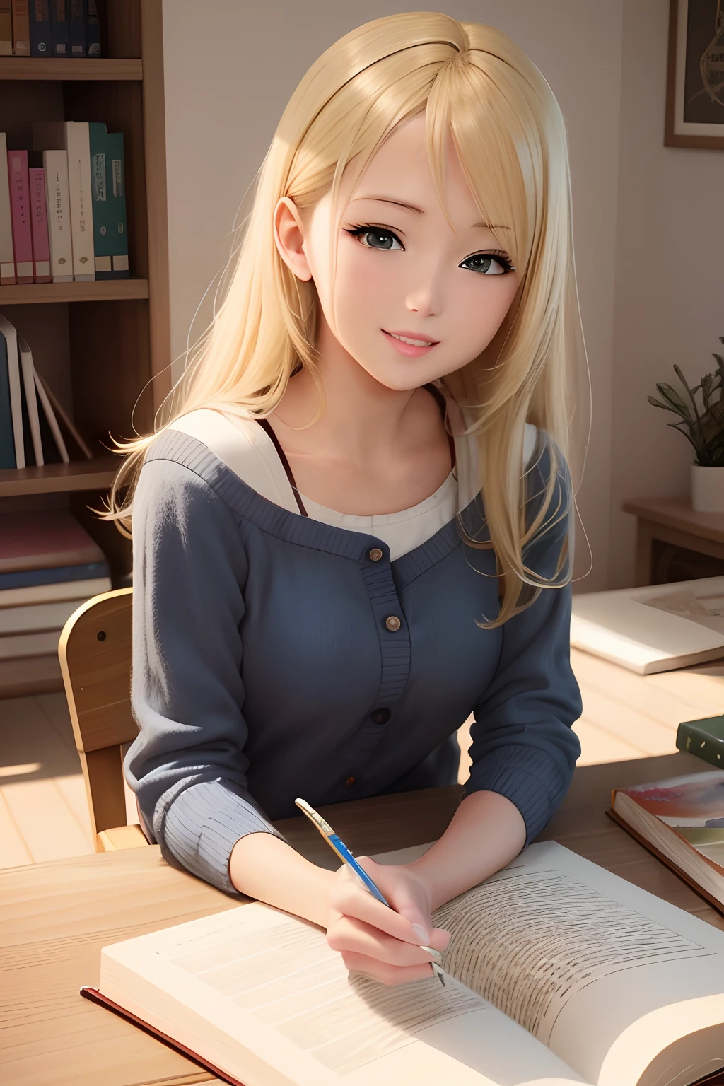 Blonde girl sitting at table with book and pen, realistic young anime girl, photorealistic anime, charming anime girls, realistic anime 3 d style, photorealistic anime girl render, realistic anime art style, Cute anime girl, a hyperrealistic schoolgirl, Beautiful anime girl, pretty anime girl, a hyperrealistic schoolgirl, beautiful anime high school girl, Realistic anime art style