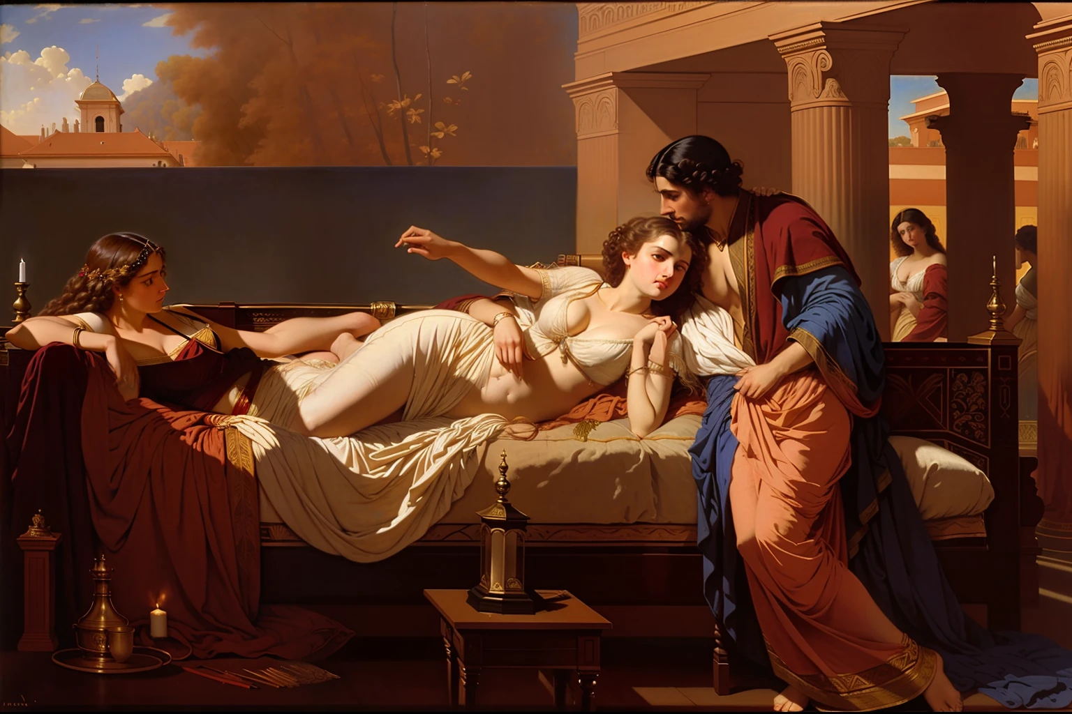 pintura de uma mulher deitada em uma cama com um homem ao seu lado, Directed by: Alexandre Cabanel, Directed by: Théodore Chassériau, Ledmund Leighton, Directed by: Gustave Boulanger, inspired by Théodore Chassériau, jean-joseph benjamin-constant, Directed by: Friedrich von Amerling, por George B. Bridgman